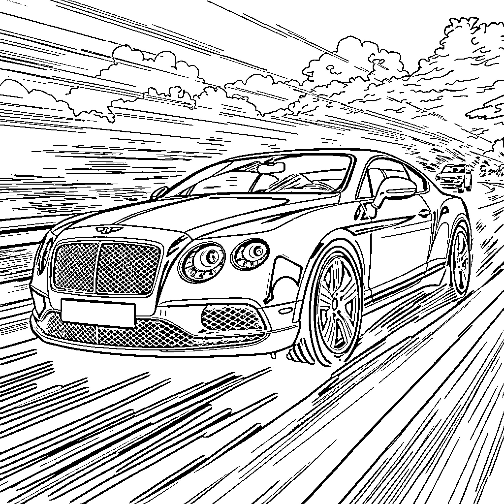 Bentley sports car speeding down the road Coloring Page (free black-and-white line drawing printable PDF for all, from beginners to advanced learners, including children, teens, adults, and seniors)