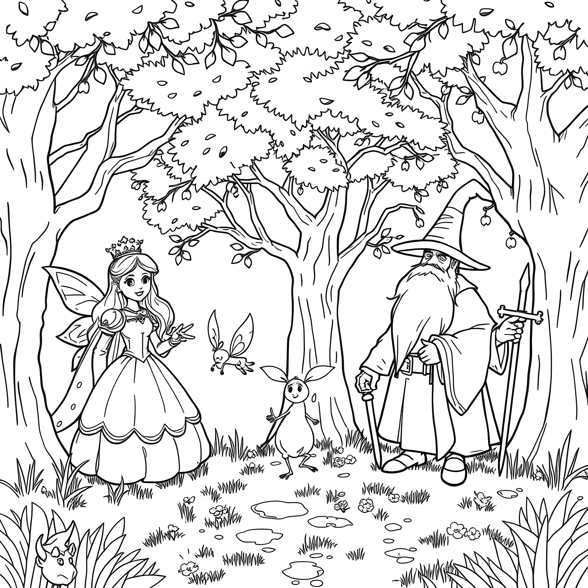 Fairy Tale Character Exploring Enchanted Forest Coloring Page (free black-and-white line drawing printable PDF for all, from beginners to advanced learners, including children, teens, adults, and seniors)