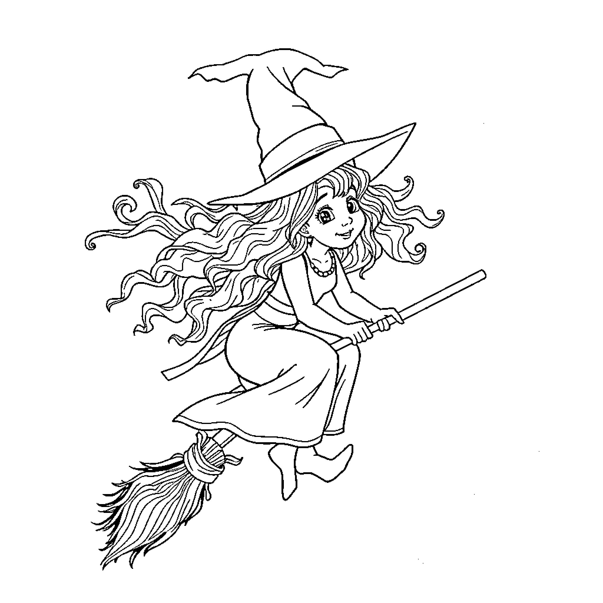Witch soaring on a broomstick with a mischievous expression Coloring Page (free black-and-white line drawing printable PDF for all, from beginners to advanced learners, including children, teens, adults, and seniors)