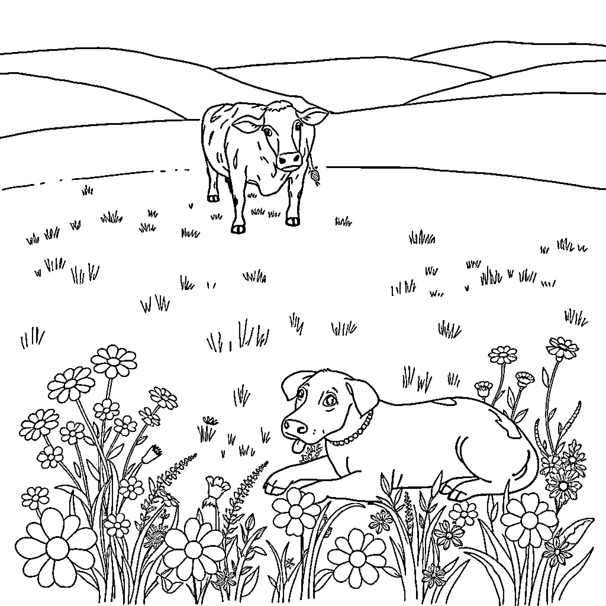 Cow grazing peacefully in a flower-filled meadow Coloring Page (free black-and-white line drawing printable PDF for all, from beginners to advanced learners, including children, teens, adults, and seniors)