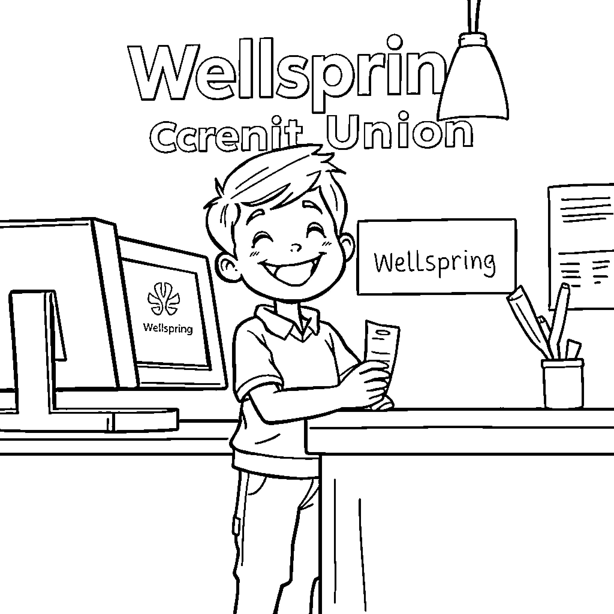 Kid at desk in Wellspring Career Union office Coloring Page (free black-and-white line drawing printable PDF for all, from beginners to advanced learners, including children, teens, adults, and seniors)