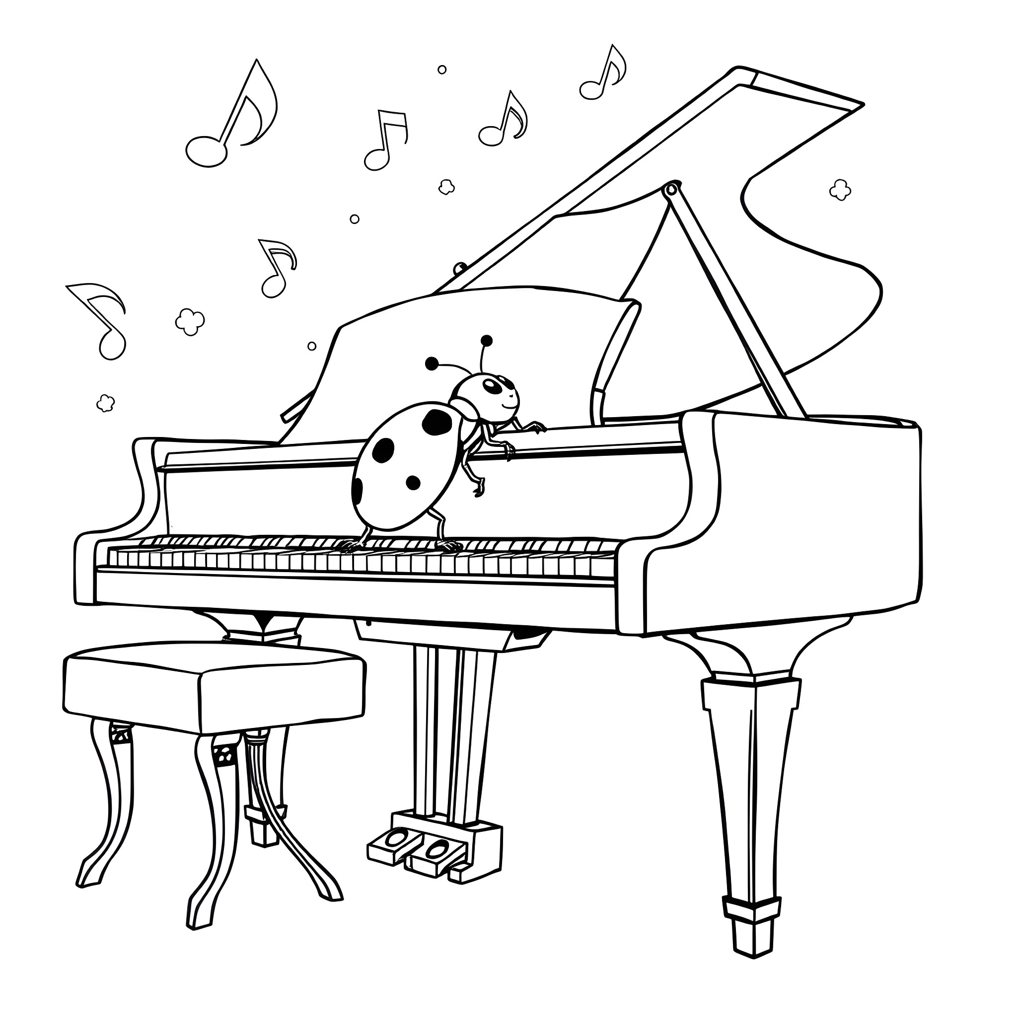 Ladybug playing a musical tune on a grand piano Coloring Page (free black-and-white line drawing printable PDF for all, from beginners to advanced learners, including children, teens, adults, and seniors)