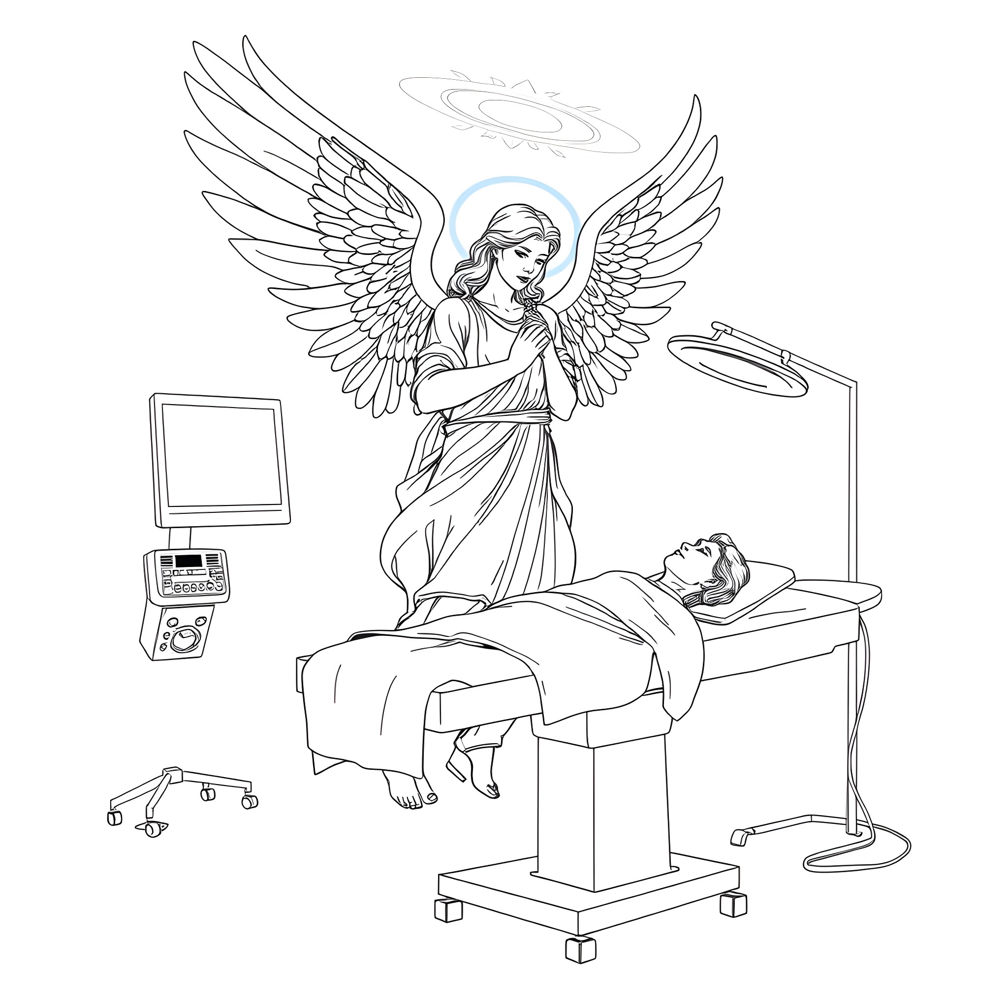 Archangel healing a patient in the hospital Coloring Page (free black-and-white line drawing printable PDF for all, from beginners to advanced learners, including children, teens, adults, and seniors)