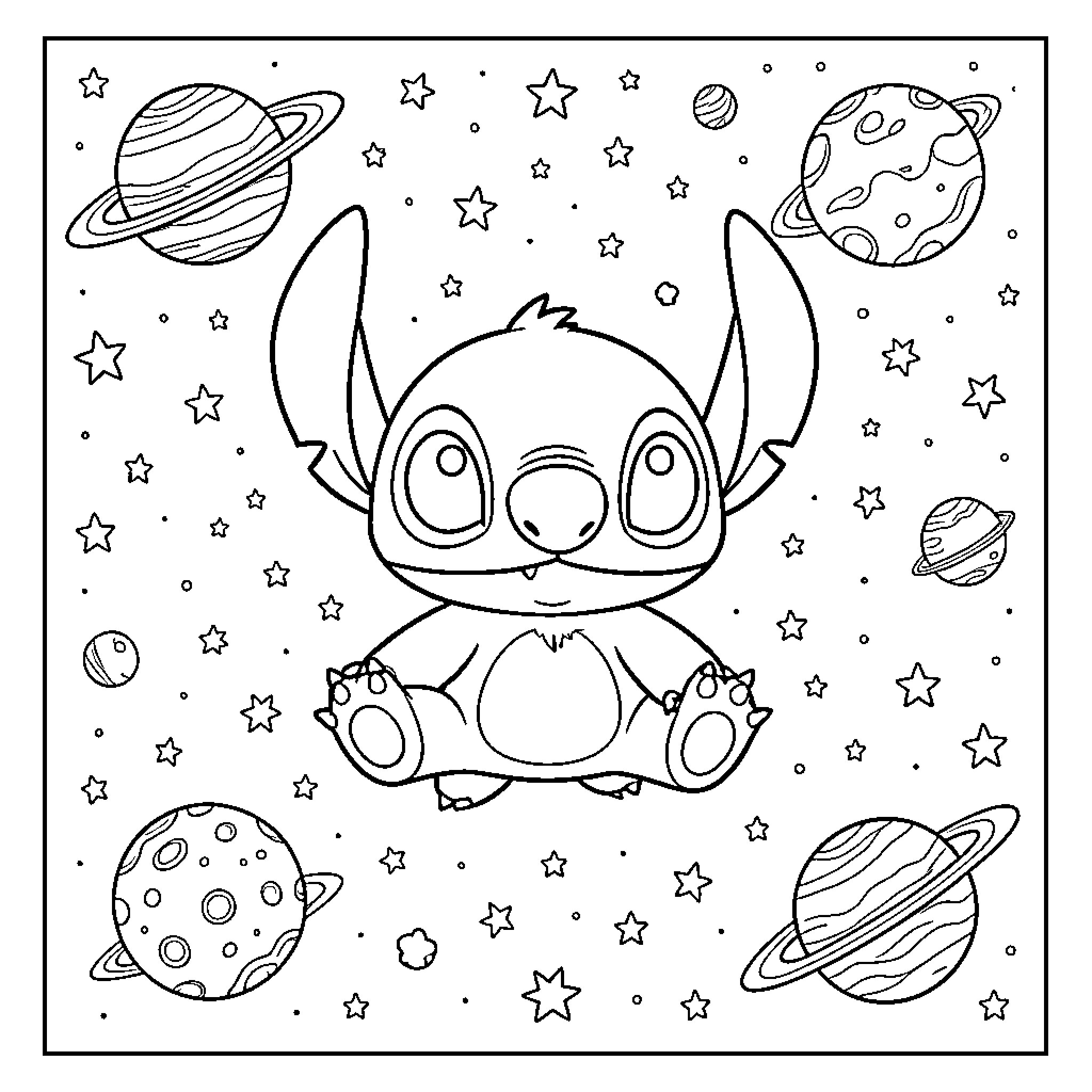 Stitch sitting happily amidst various planets and stars Coloring Page (free black-and-white line drawing printable PDF for all, from beginners to advanced learners, including children, teens, adults, and seniors)