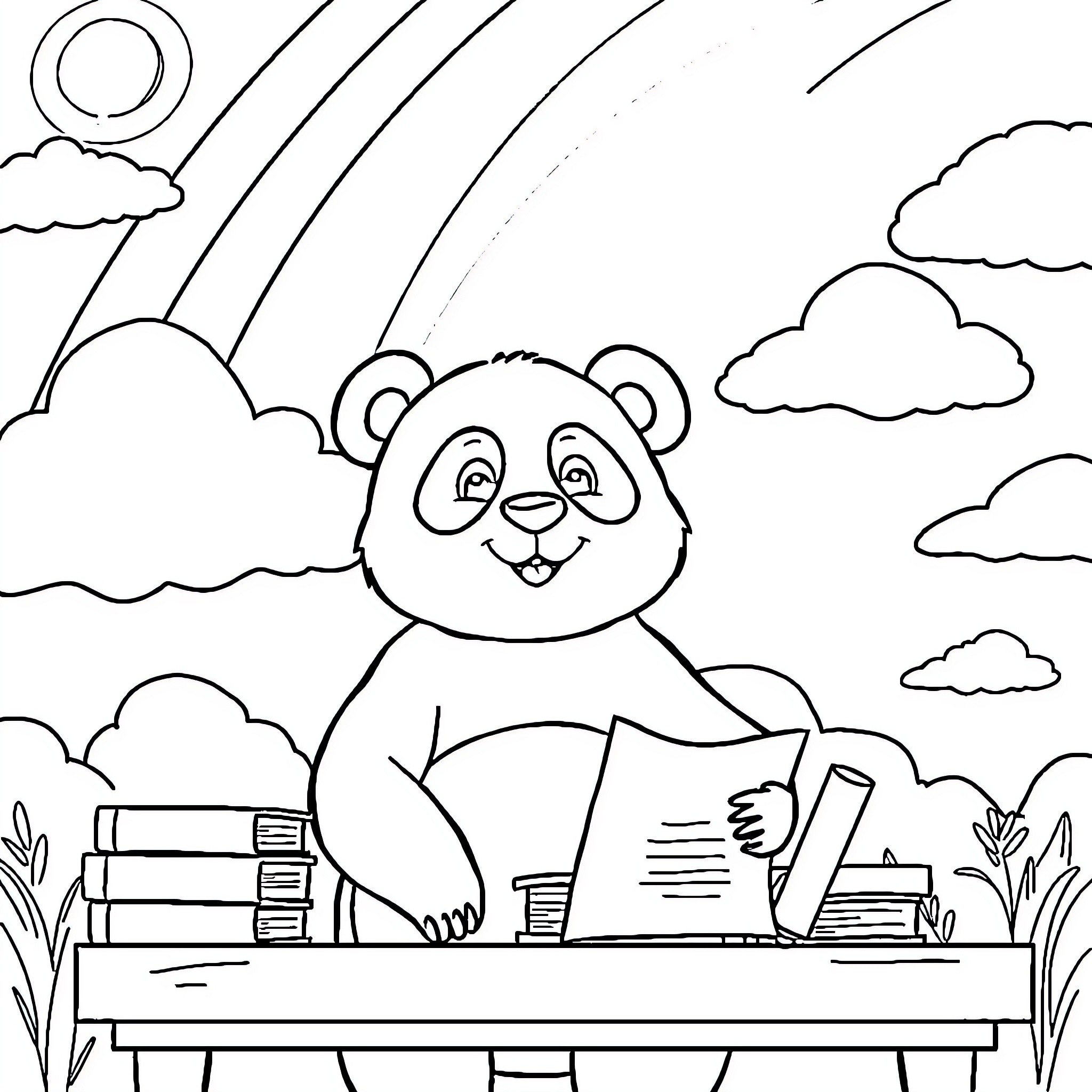 Panda studying under the rainbow Coloring Page (free black-and-white line drawing printable PDF for all, from beginners to advanced learners, including children, teens, adults, and seniors)