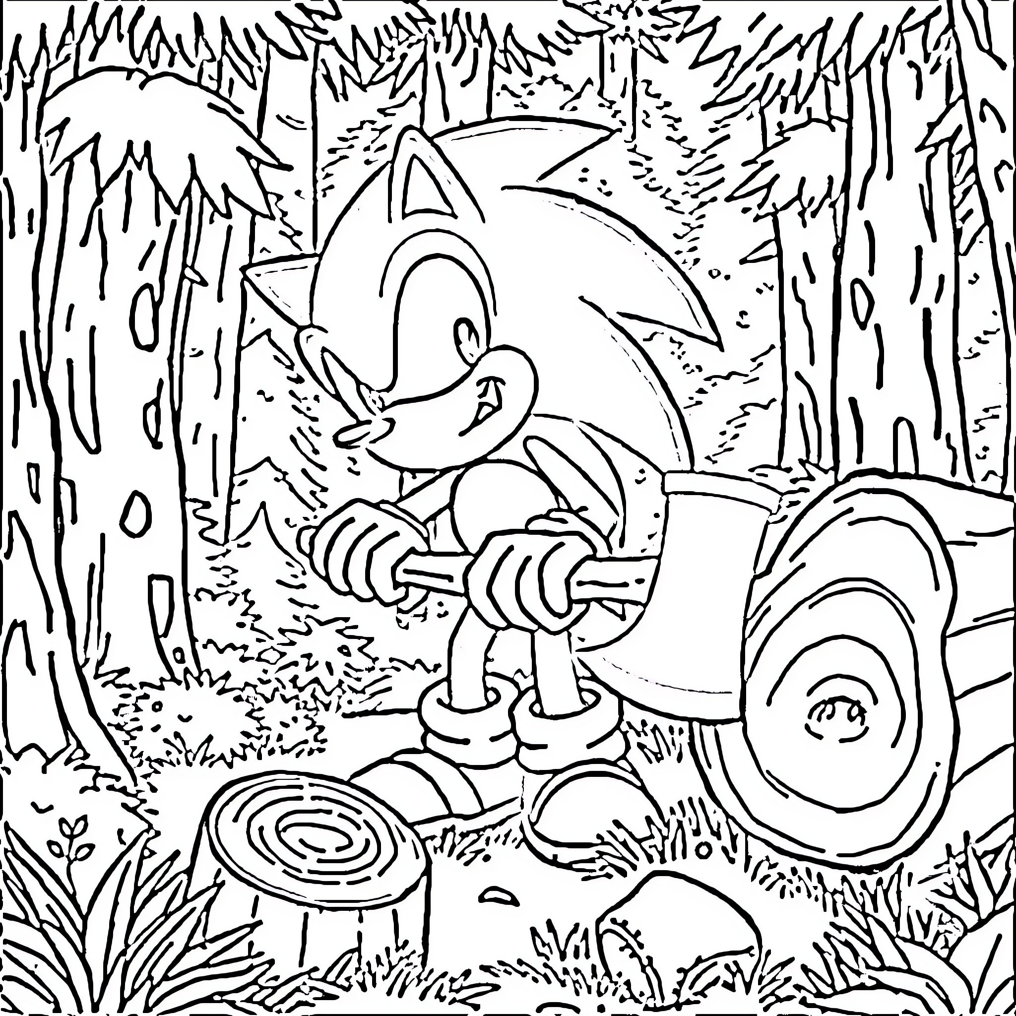 Sonic exploring the forest with his vehicle Coloring Page (free black-and-white line drawing printable PDF for all, from beginners to advanced learners, including children, teens, adults, and seniors)