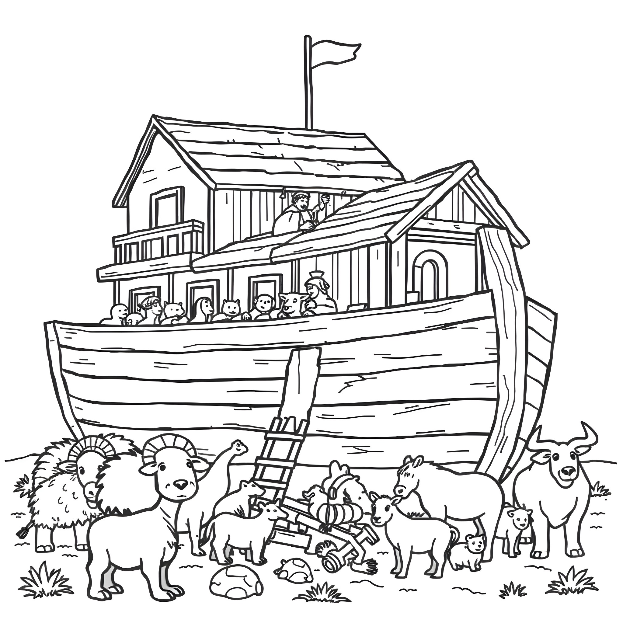 Noah's Ark Filled with Animals on the Shoreline Coloring Page (free black-and-white line drawing printable PDF for all, from beginners to advanced learners, including children, teens, adults, and seniors)