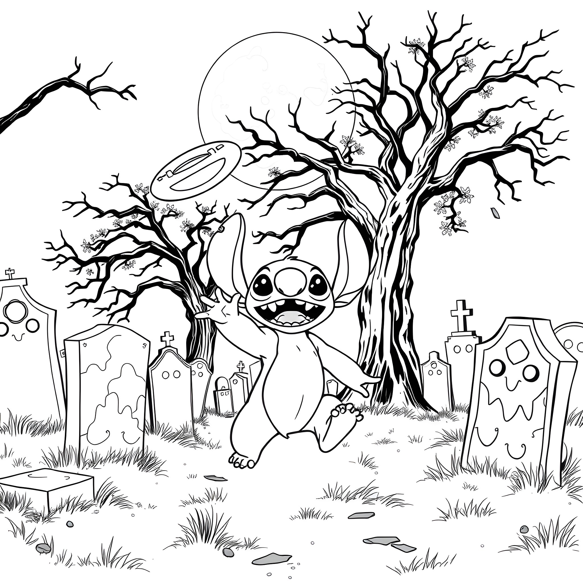 Stitch in a Spooky Graveyard at Night Coloring Page (free black-and-white line drawing printable PDF for all, from beginners to advanced learners, including children, teens, adults, and seniors)