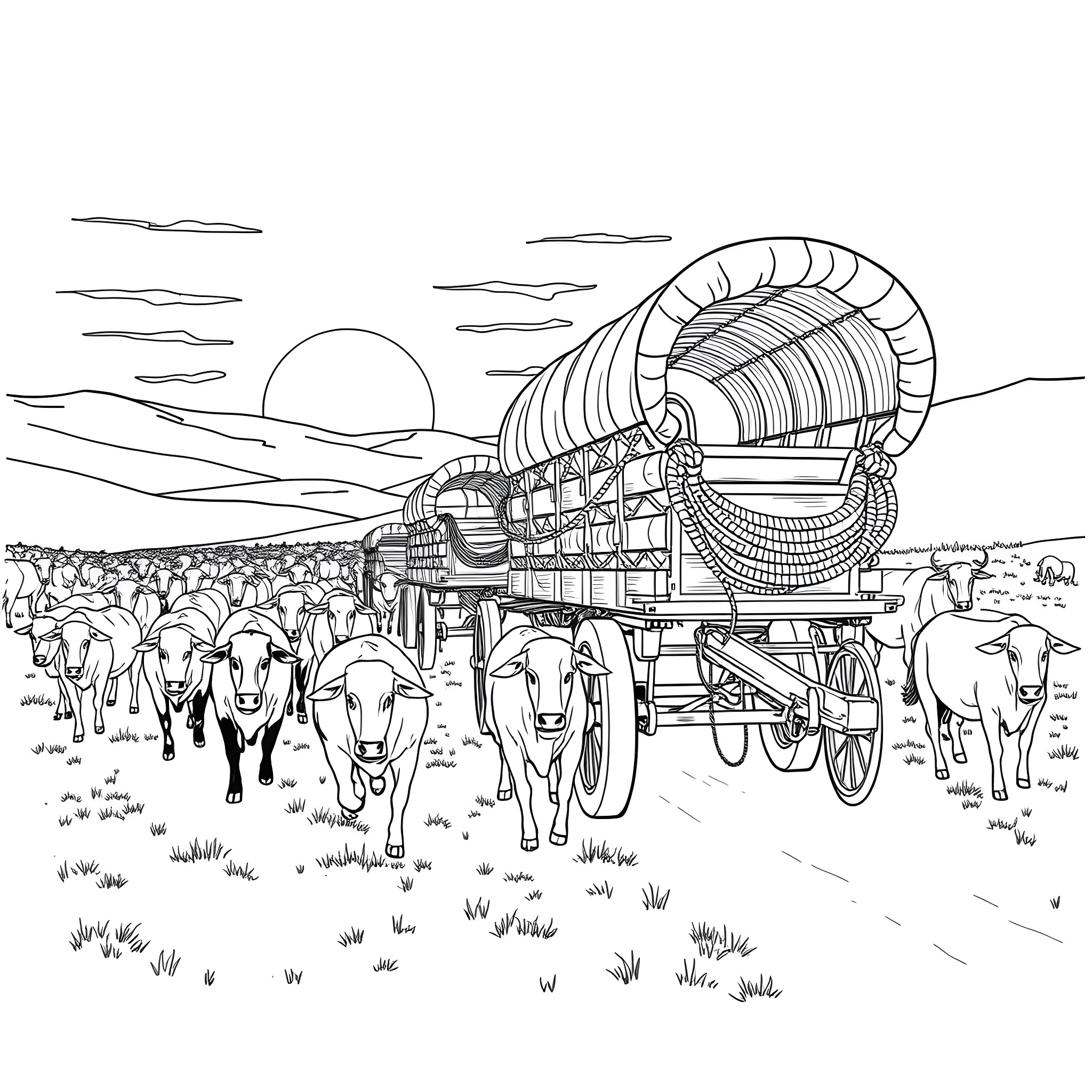 Cattle Hauler Transporting Livestock on the Open Range Coloring Page (free black-and-white line drawing printable PDF for all, from beginners to advanced learners, including children, teens, adults, and seniors)