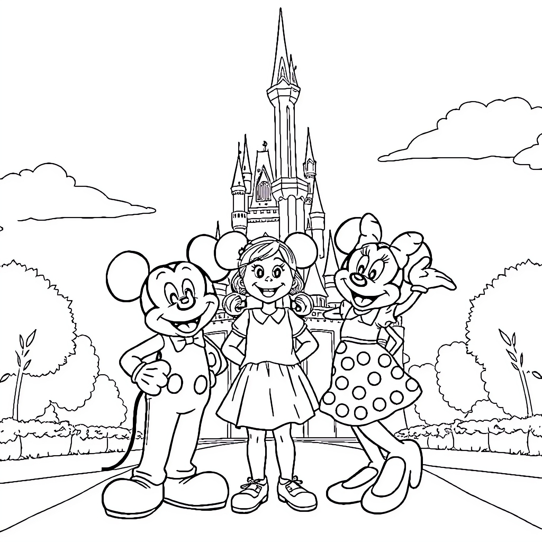 Girl in front of fantasy castle with cartoon characters Coloring Page (free black-and-white line drawing printable PDF for all, from beginners to advanced learners, including children, teens, adults, and seniors)
