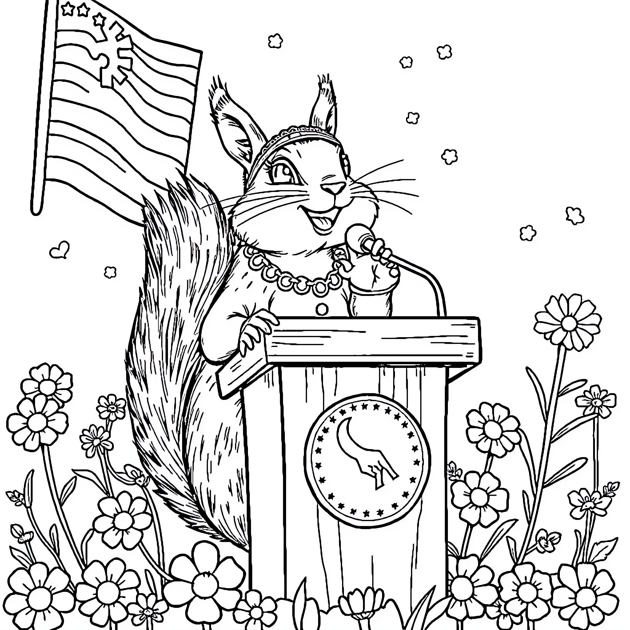 Squirrel delivering a speech with American flag Coloring Page (free black-and-white line drawing printable PDF for all, from beginners to advanced learners, including children, teens, adults, and seniors)