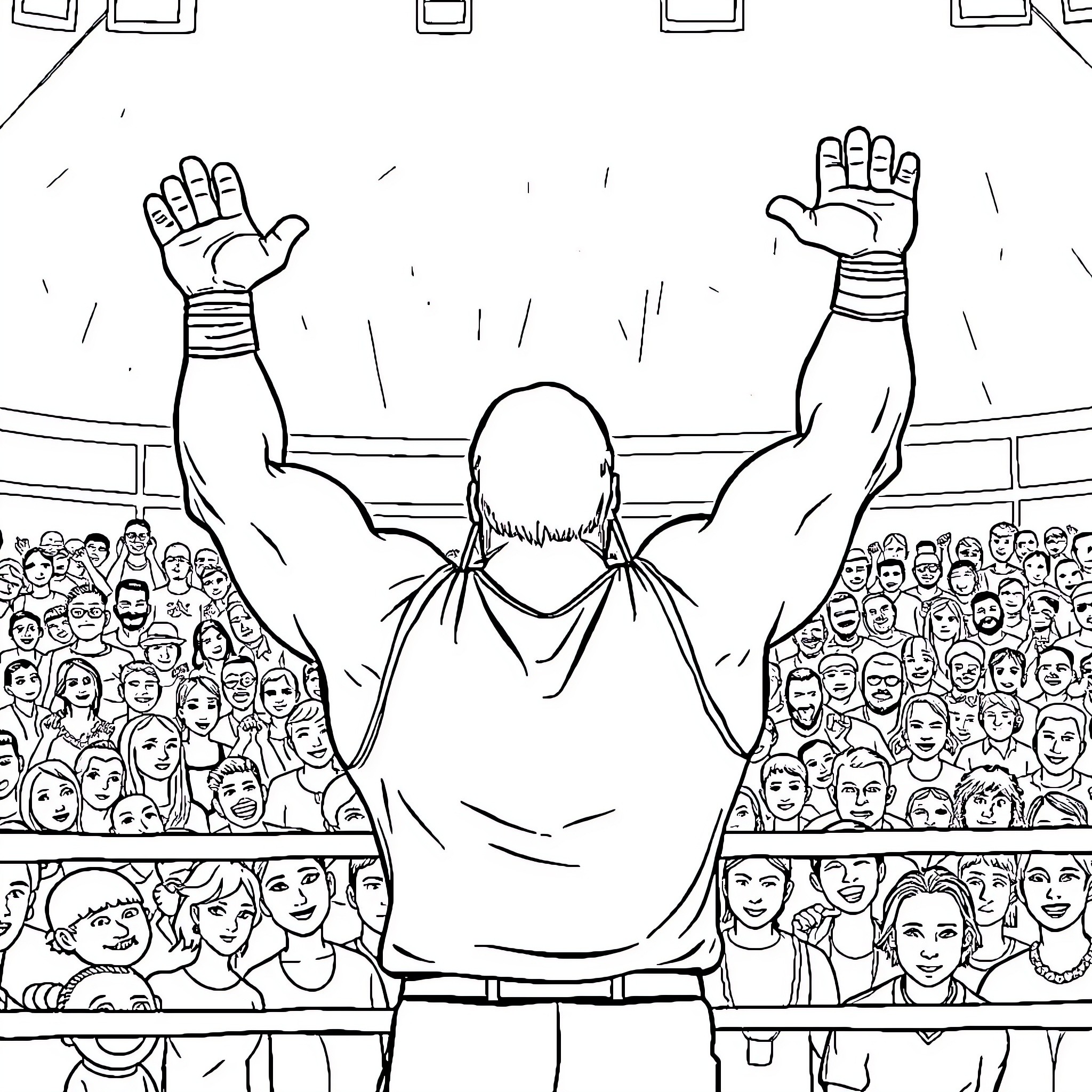 Hulk Hogan celebrating victory with a cheering crowd Coloring Page (free black-and-white line drawing printable PDF for all, from beginners to advanced learners, including children, teens, adults, and seniors)