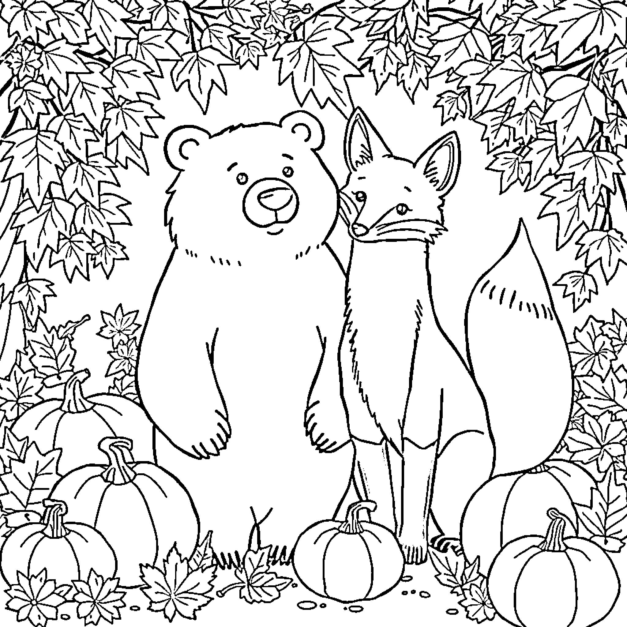 Bear and Fox Surrounded by Autumn Leaves Coloring Page (free black-and-white line drawing printable PDF for all, from beginners to advanced learners, including children, teens, adults, and seniors)