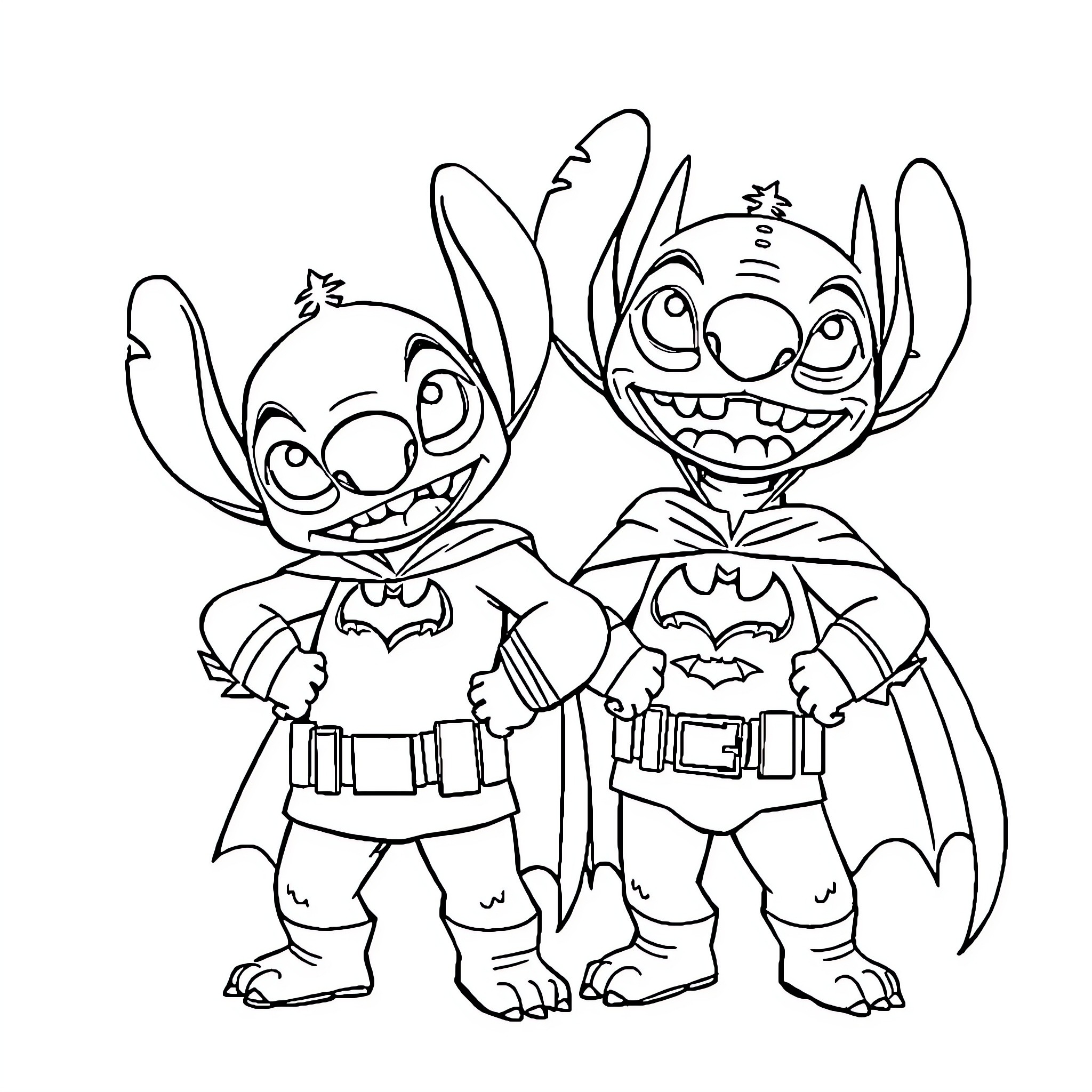 Lilo and Stitch cosplaying as superheroes Coloring Page (free black-and-white line drawing printable PDF for all, from beginners to advanced learners, including children, teens, adults, and seniors)