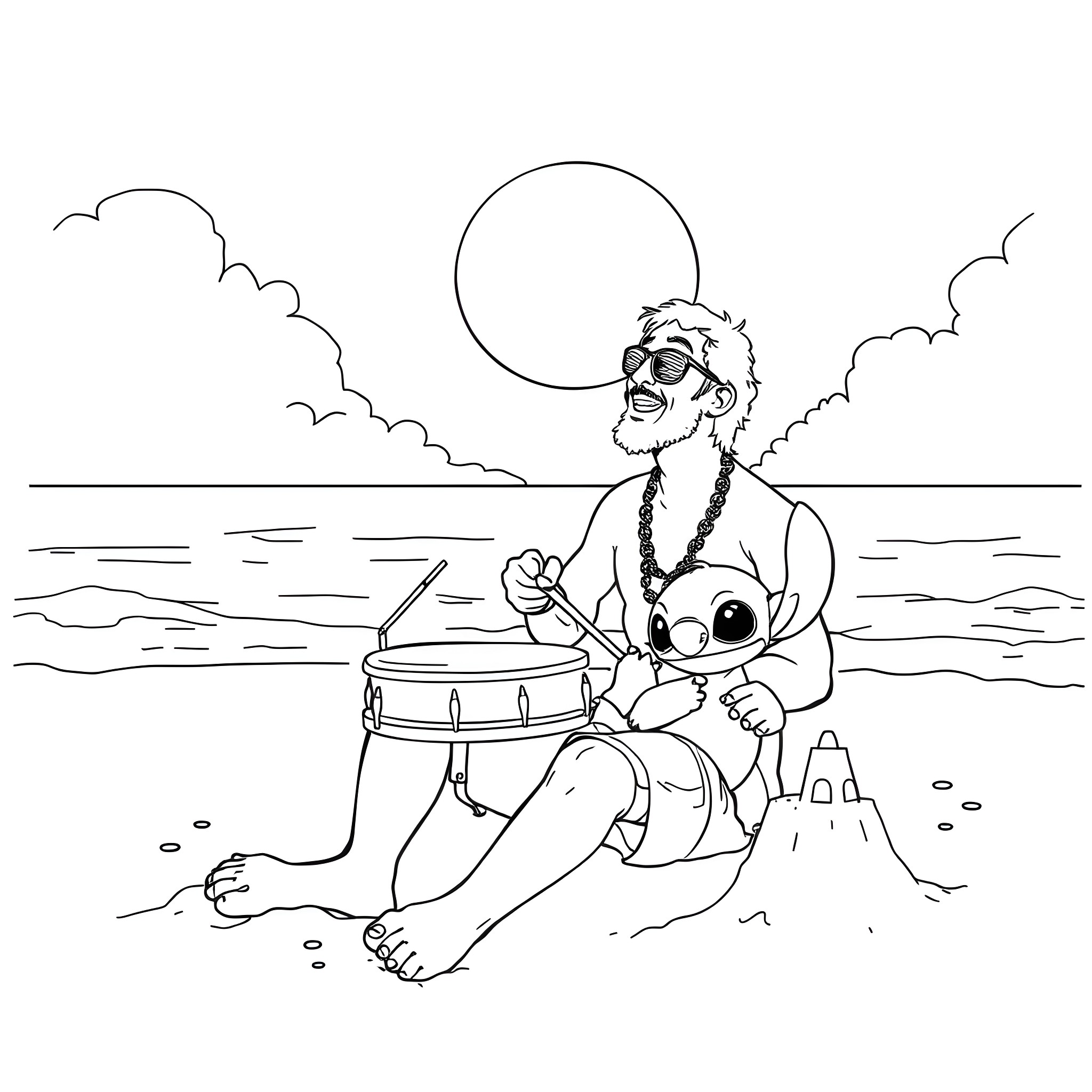 Chad Smith playing drums on the beach under the moon Coloring Page (free black-and-white line drawing printable PDF for all, from beginners to advanced learners, including children, teens, adults, and seniors)