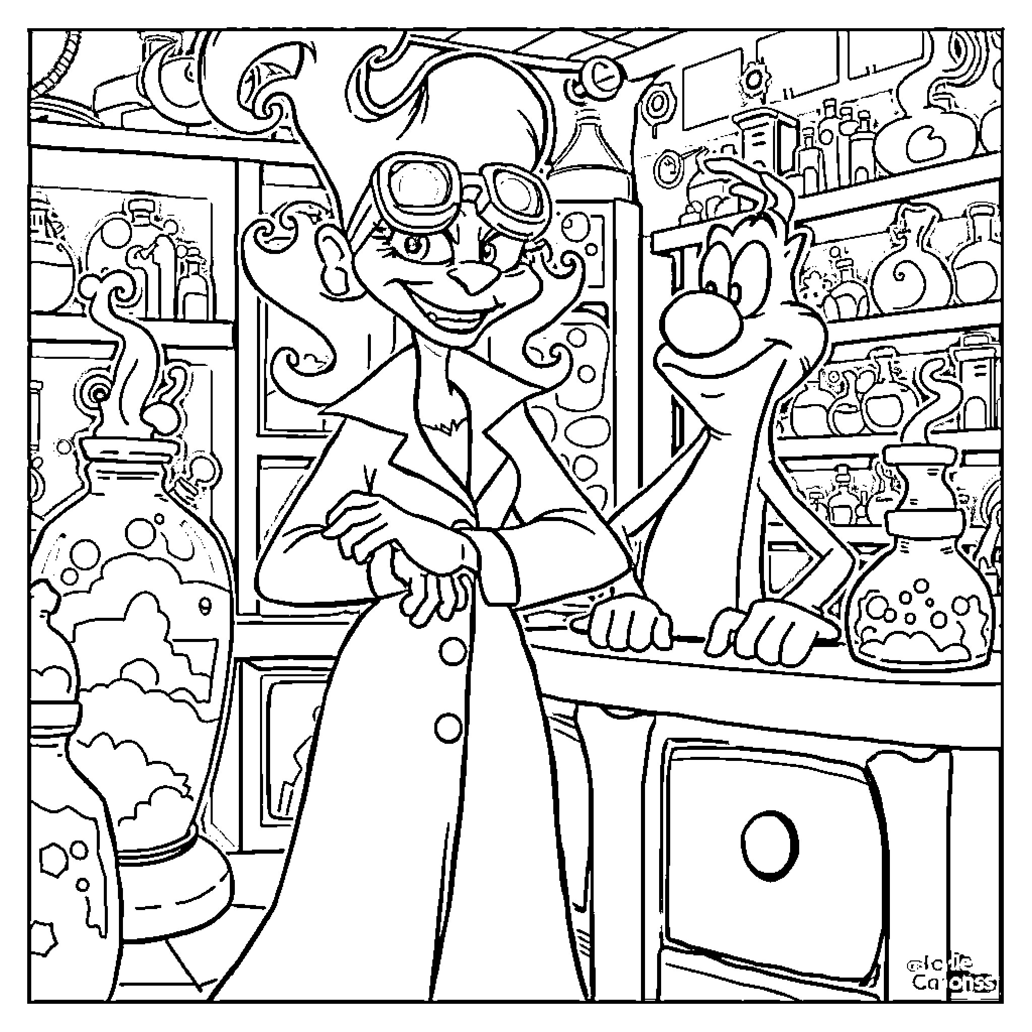 Yzma's Eccentric Laboratory Escapades Coloring Page (free black-and-white line drawing printable PDF for all, from beginners to advanced learners, including children, teens, adults, and seniors)