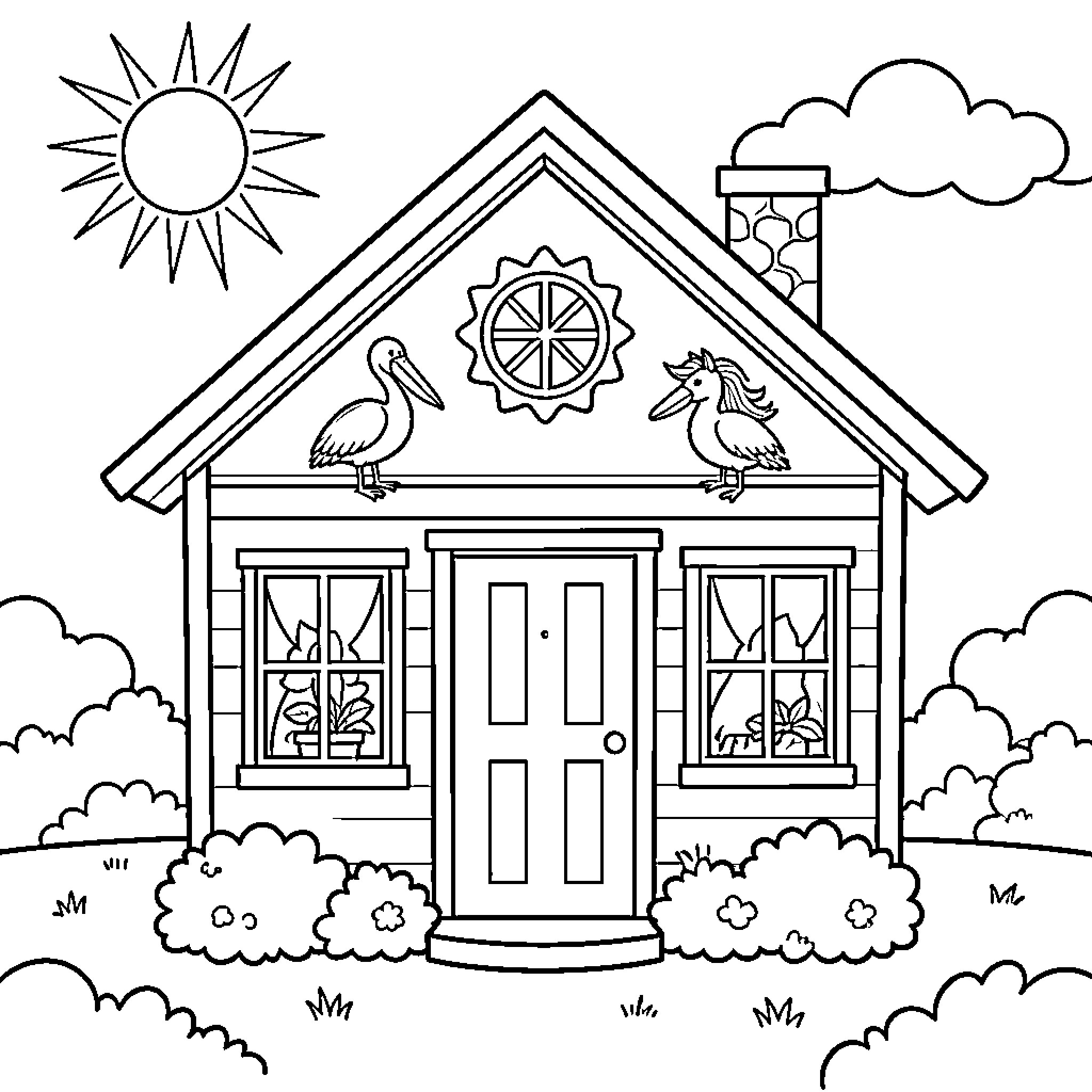 Pelican birds perched on a house roof Coloring Page (free black-and-white line drawing printable PDF for all, from beginners to advanced learners, including children, teens, adults, and seniors)