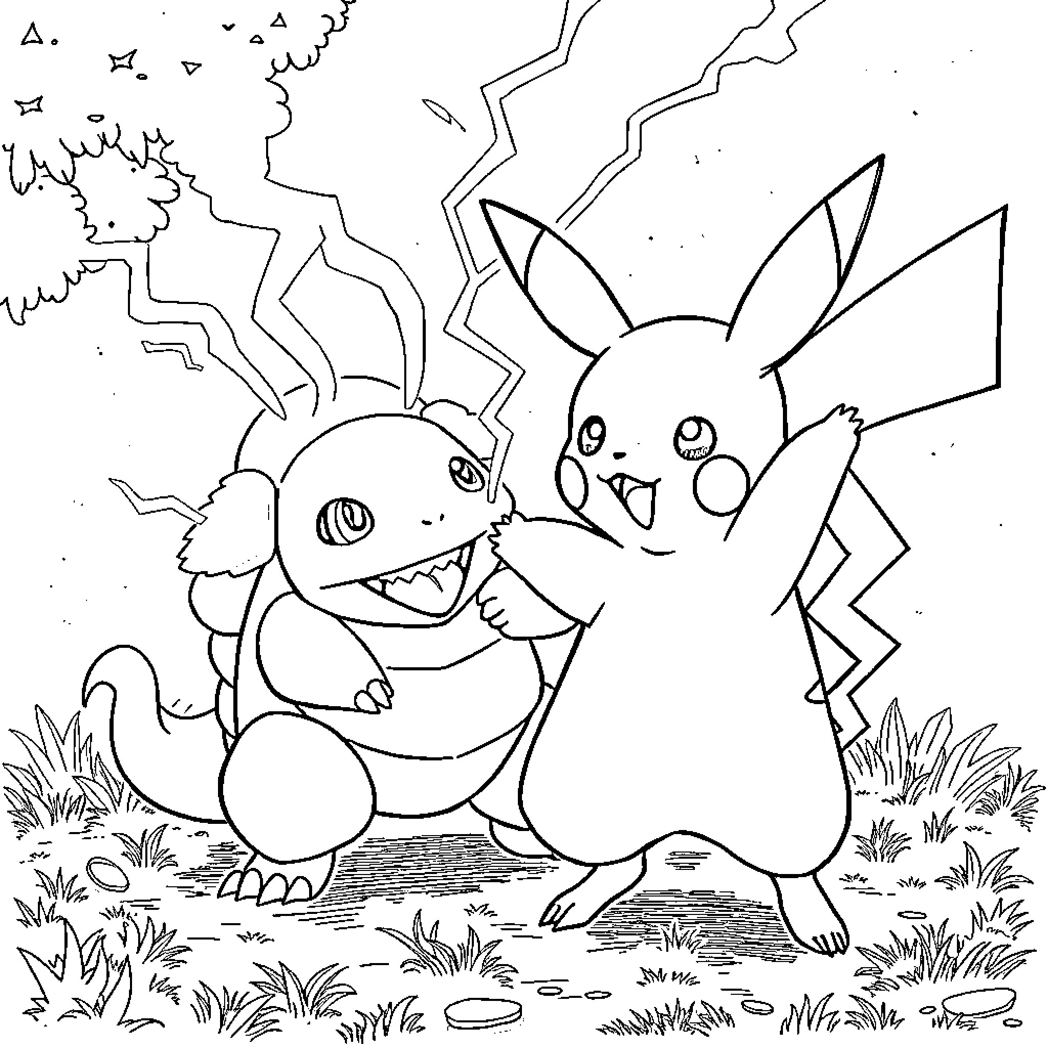 Pikachu and Charmander playing together in the field Coloring Page (free black-and-white line drawing printable PDF for all, from beginners to advanced learners, including children, teens, adults, and seniors)