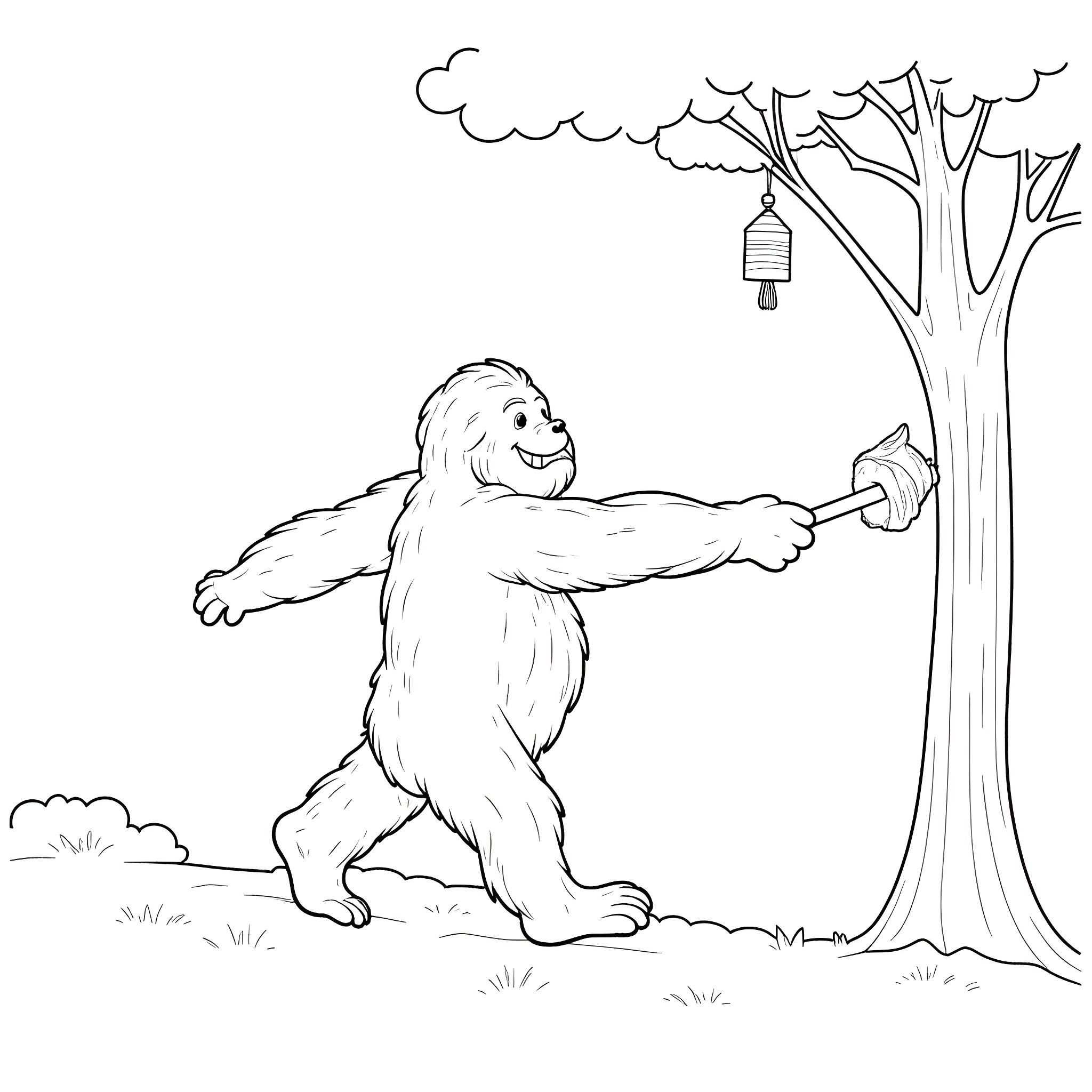 Bigfoot hanging a lantern on a tree Coloring Page (free black-and-white line drawing printable PDF for all, from beginners to advanced learners, including children, teens, adults, and seniors)