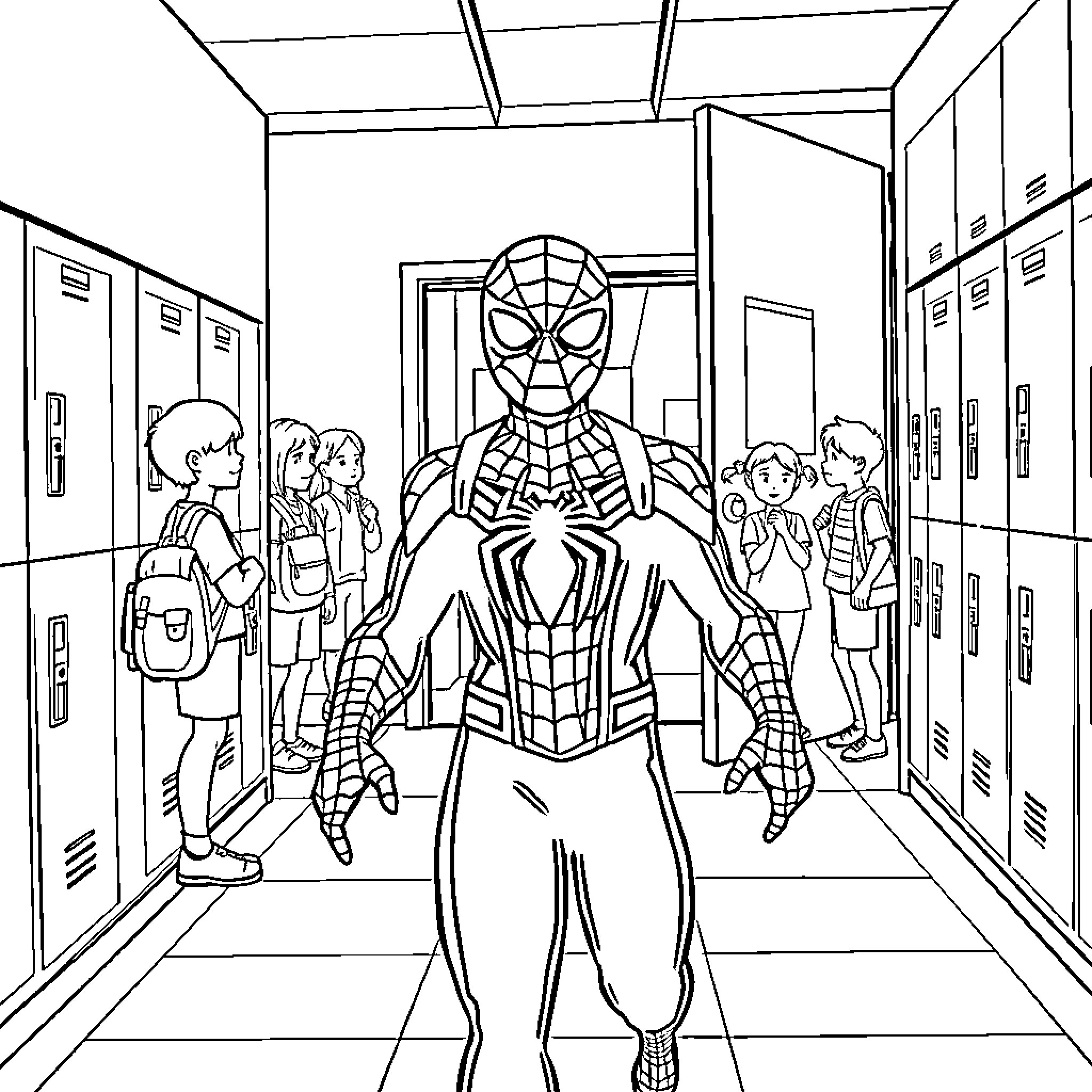 Spiderman protects students in school hallway Coloring Page (free black-and-white line drawing printable PDF for all, from beginners to advanced learners, including children, teens, adults, and seniors)