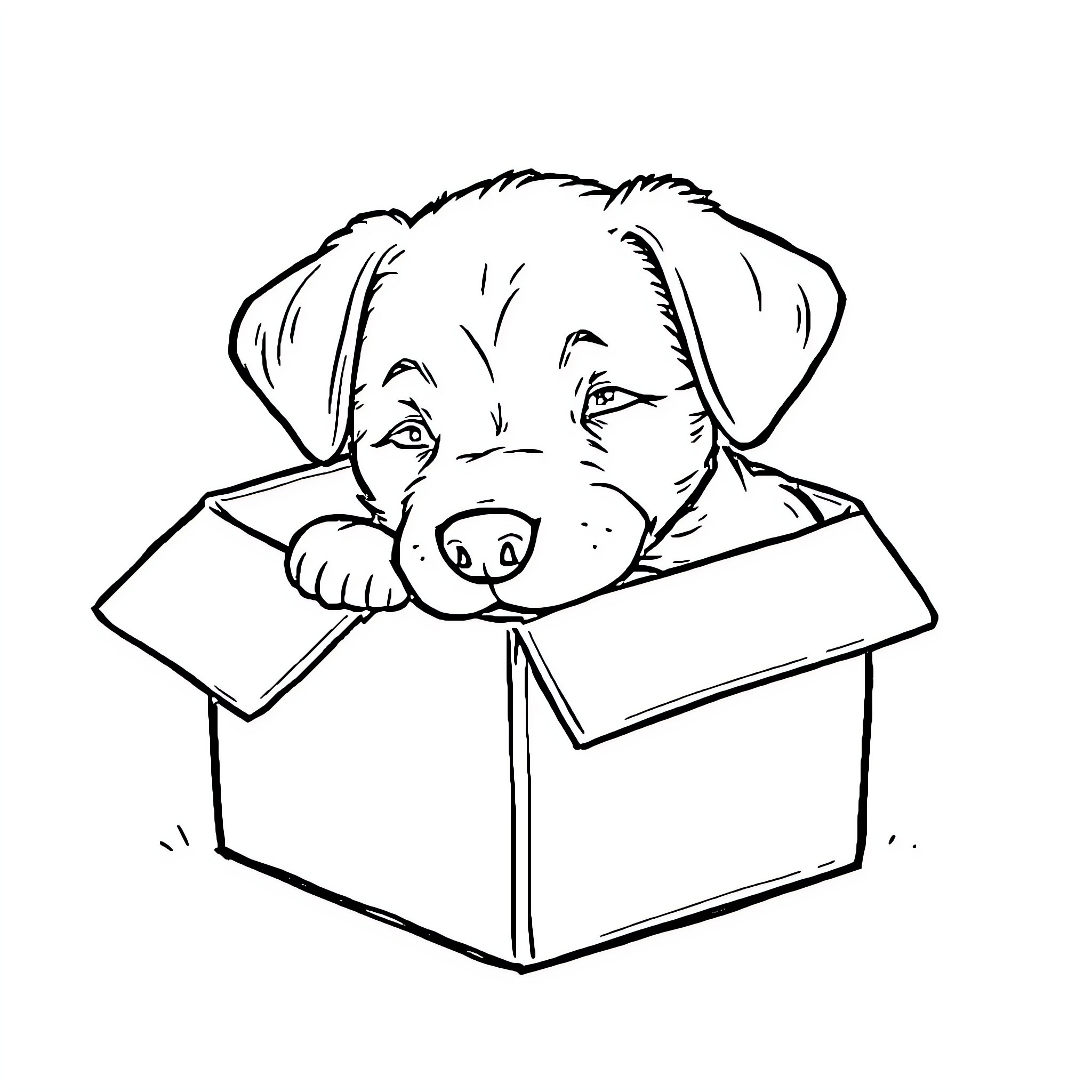 Pup exploring a new box with curiosity Coloring Page (free black-and-white line drawing printable PDF for all, from beginners to advanced learners, including children, teens, adults, and seniors)