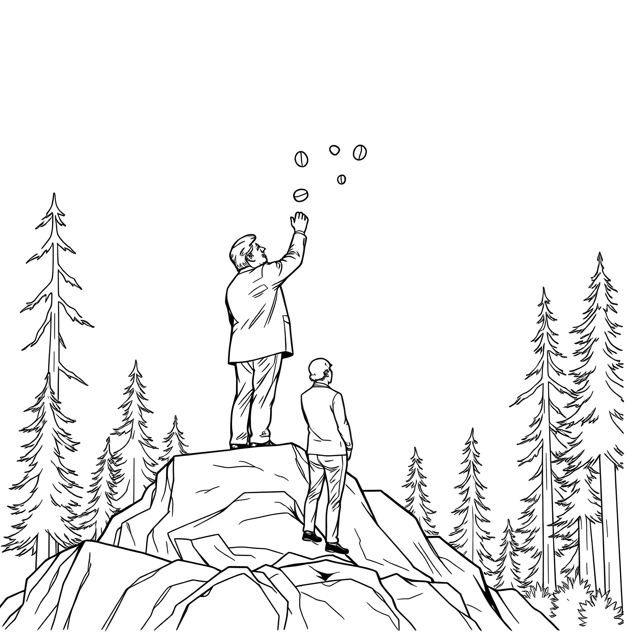President contemplating the night sky in the wilderness Coloring Page (free black-and-white line drawing printable PDF for all, from beginners to advanced learners, including children, teens, adults, and seniors)