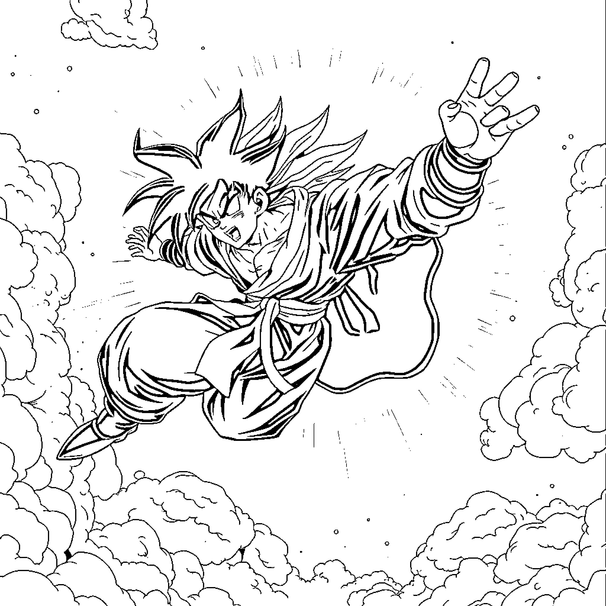 Songoku unleashing energy attack in the sky Coloring Page (free black-and-white line drawing printable PDF for all, from beginners to advanced learners, including children, teens, adults, and seniors)