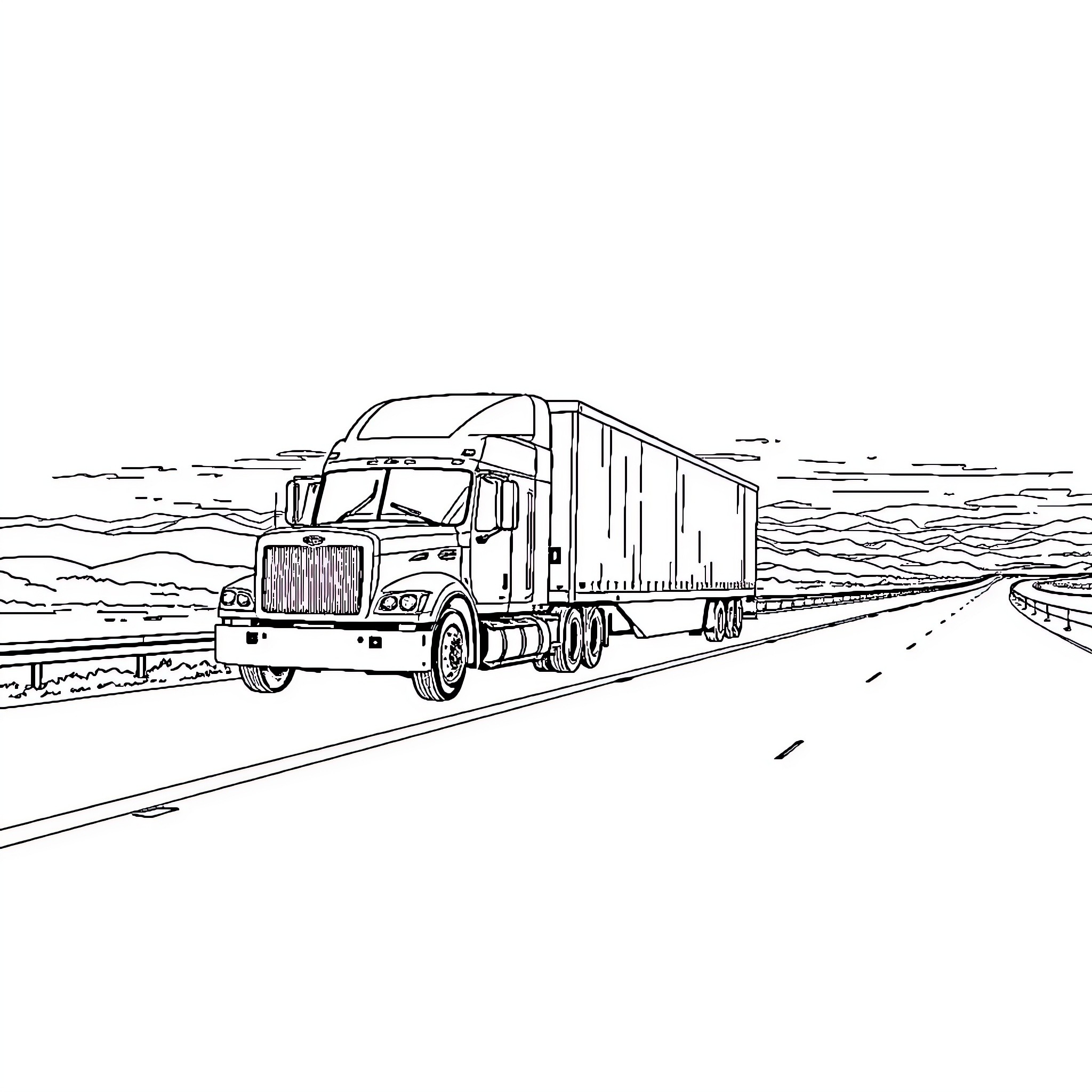 Truck transporting cargo on open road Coloring Page (free black-and-white line drawing printable PDF for all, from beginners to advanced learners, including children, teens, adults, and seniors)