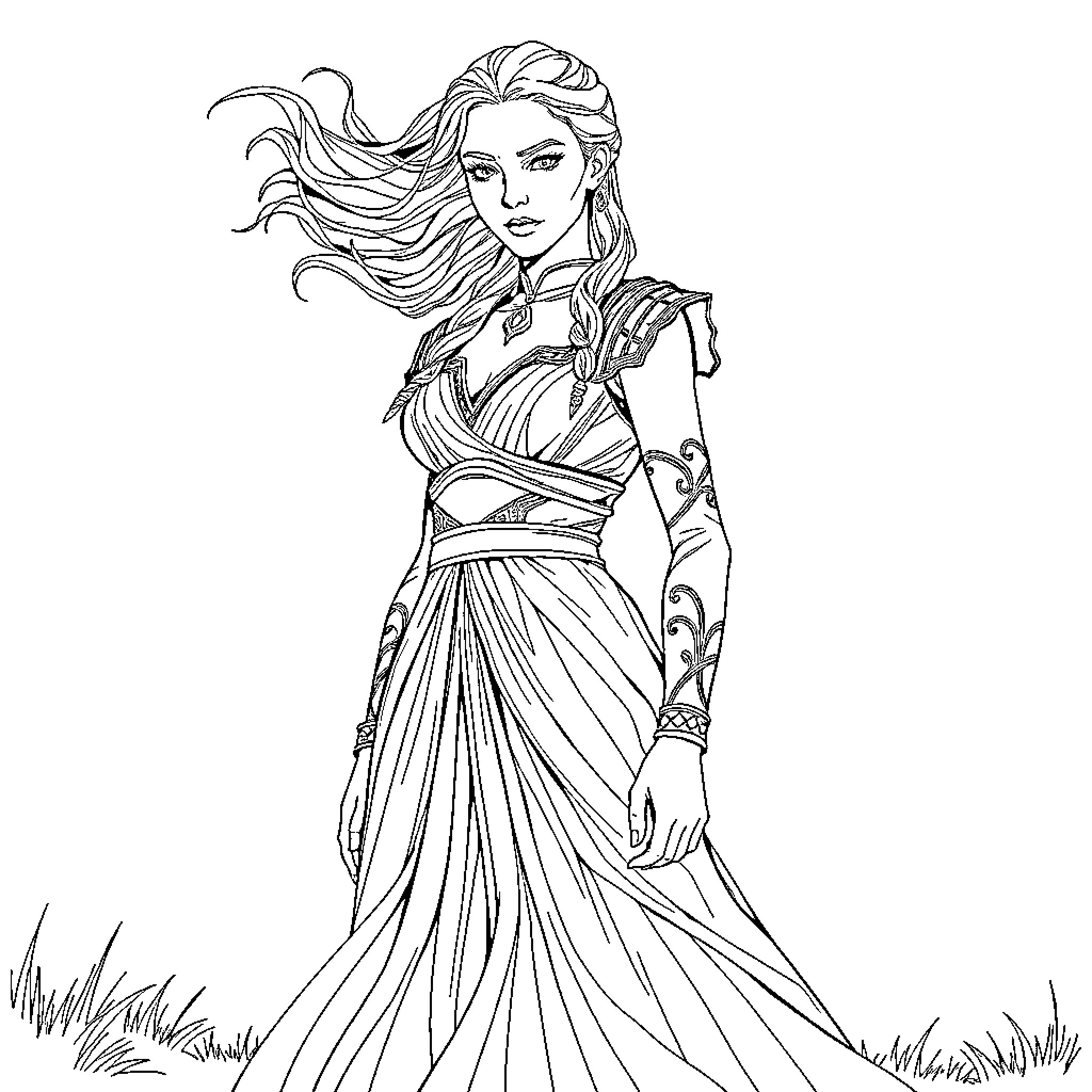 Daenerys Targaryen in Flowing Gown and Windswept Hair Coloring Page (free black-and-white line drawing printable PDF for all, from beginners to advanced learners, including children, teens, adults, and seniors)