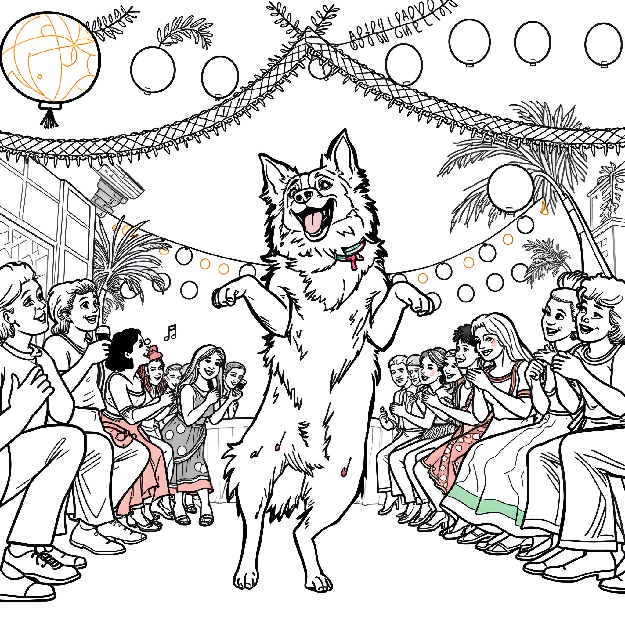 Border Collie Enjoying a Festive Celebration Coloring Page (free black-and-white line drawing printable PDF for all, from beginners to advanced learners, including children, teens, adults, and seniors)