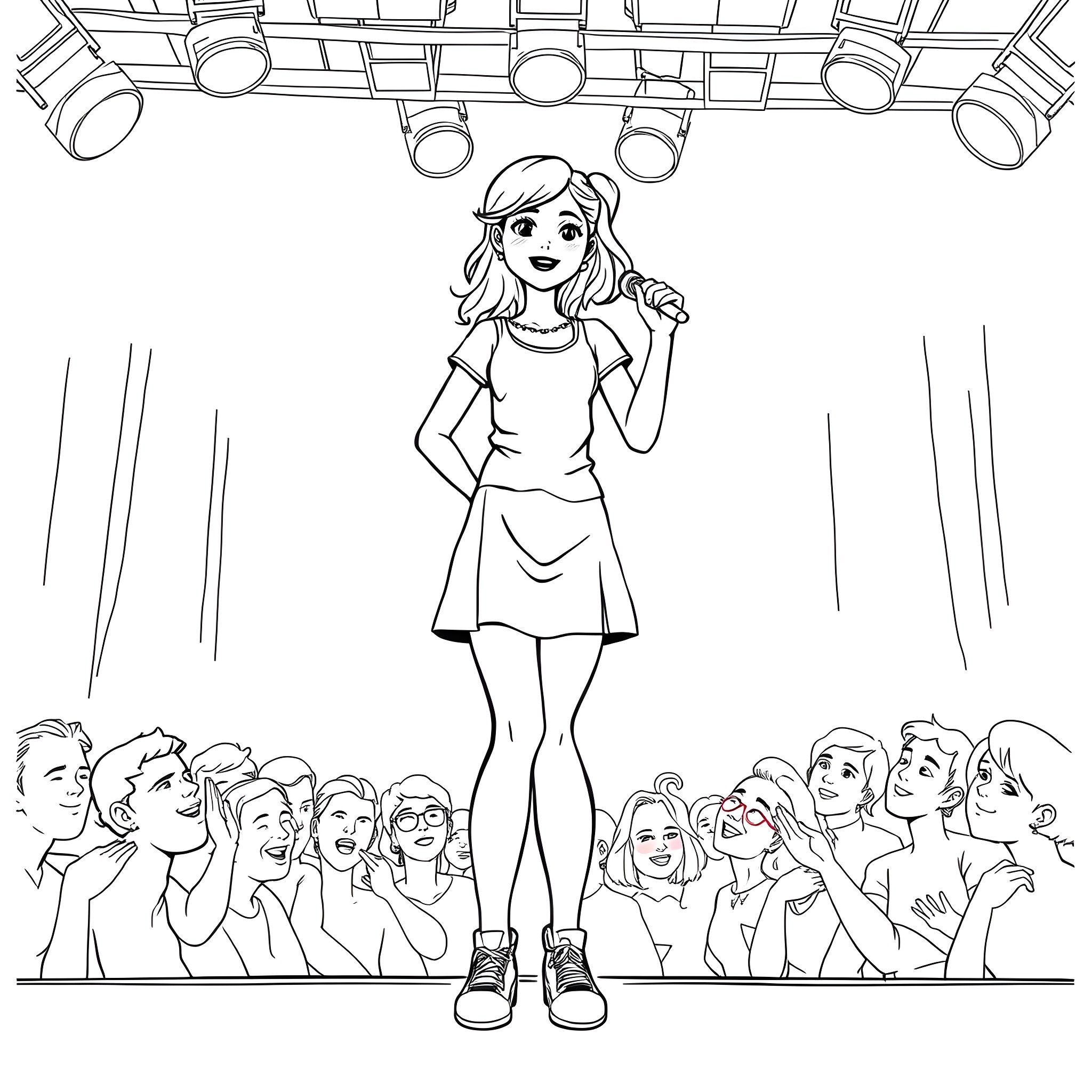 Teen Girl Performing on Stage with Audience Coloring Page (free black-and-white line drawing printable PDF for all, from beginners to advanced learners, including children, teens, adults, and seniors)