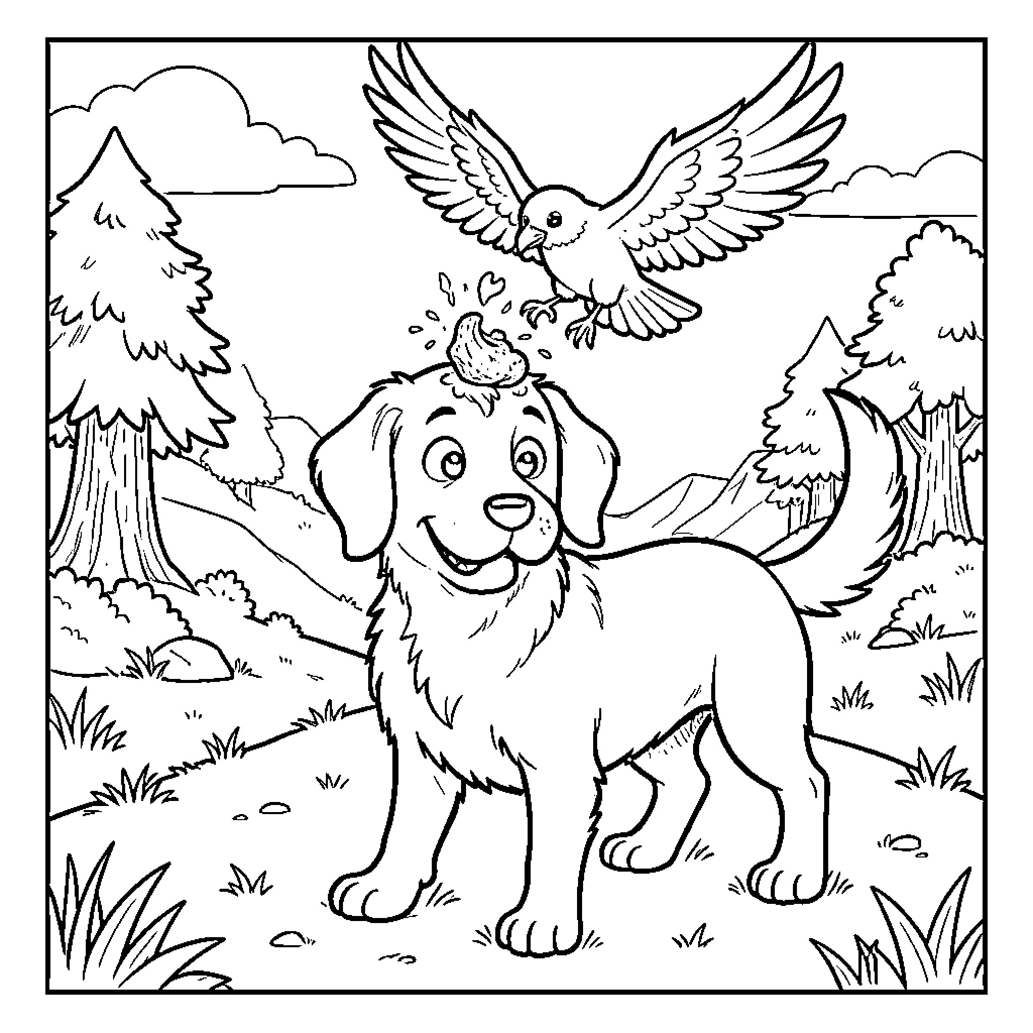 Dog smiling while a bird lands on its head Coloring Page (free black-and-white line drawing printable PDF for all, from beginners to advanced learners, including children, teens, adults, and seniors)