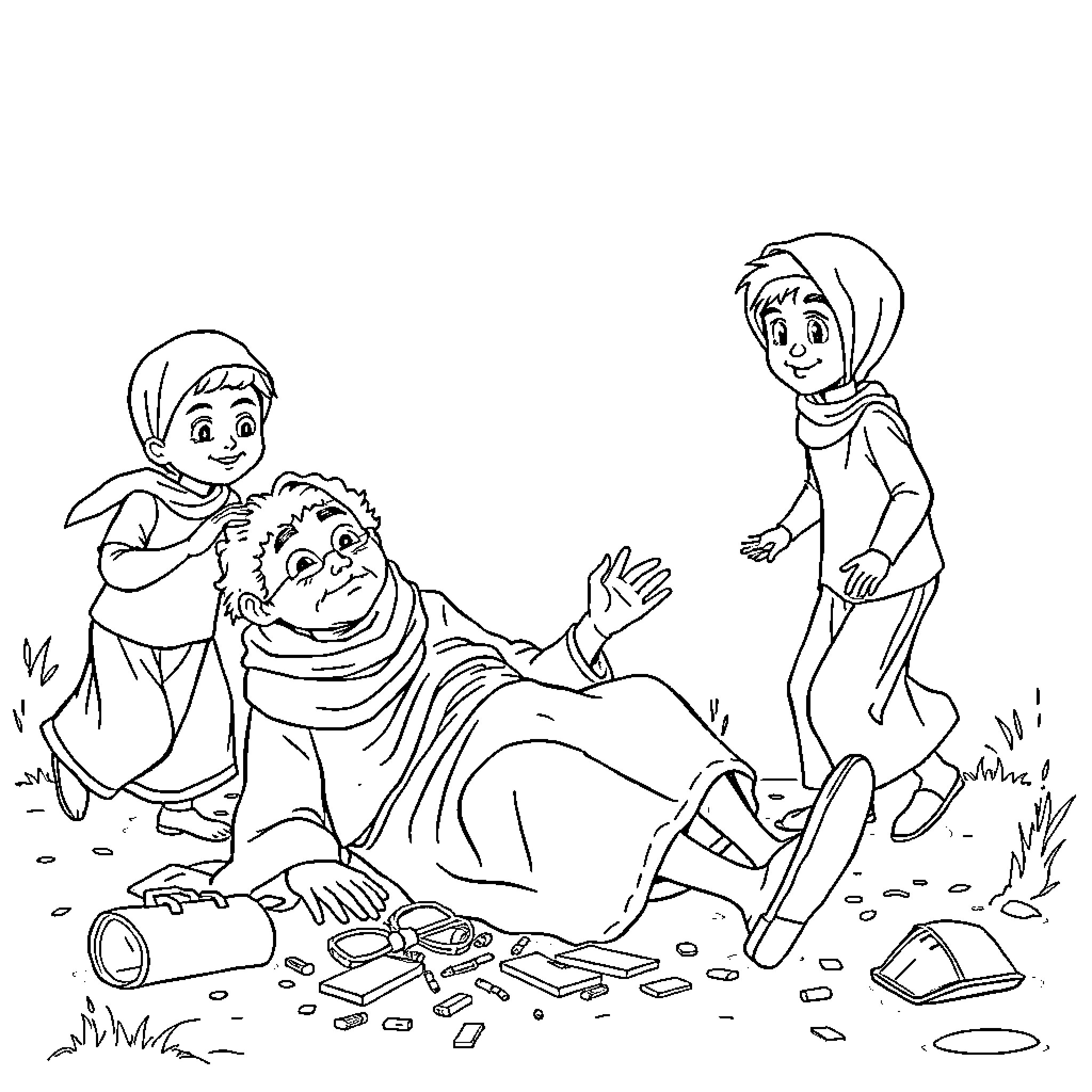 Old Lady in Distress Helped by Young Passersby Coloring Page (free black-and-white line drawing printable PDF for all, from beginners to advanced learners, including children, teens, adults, and seniors)