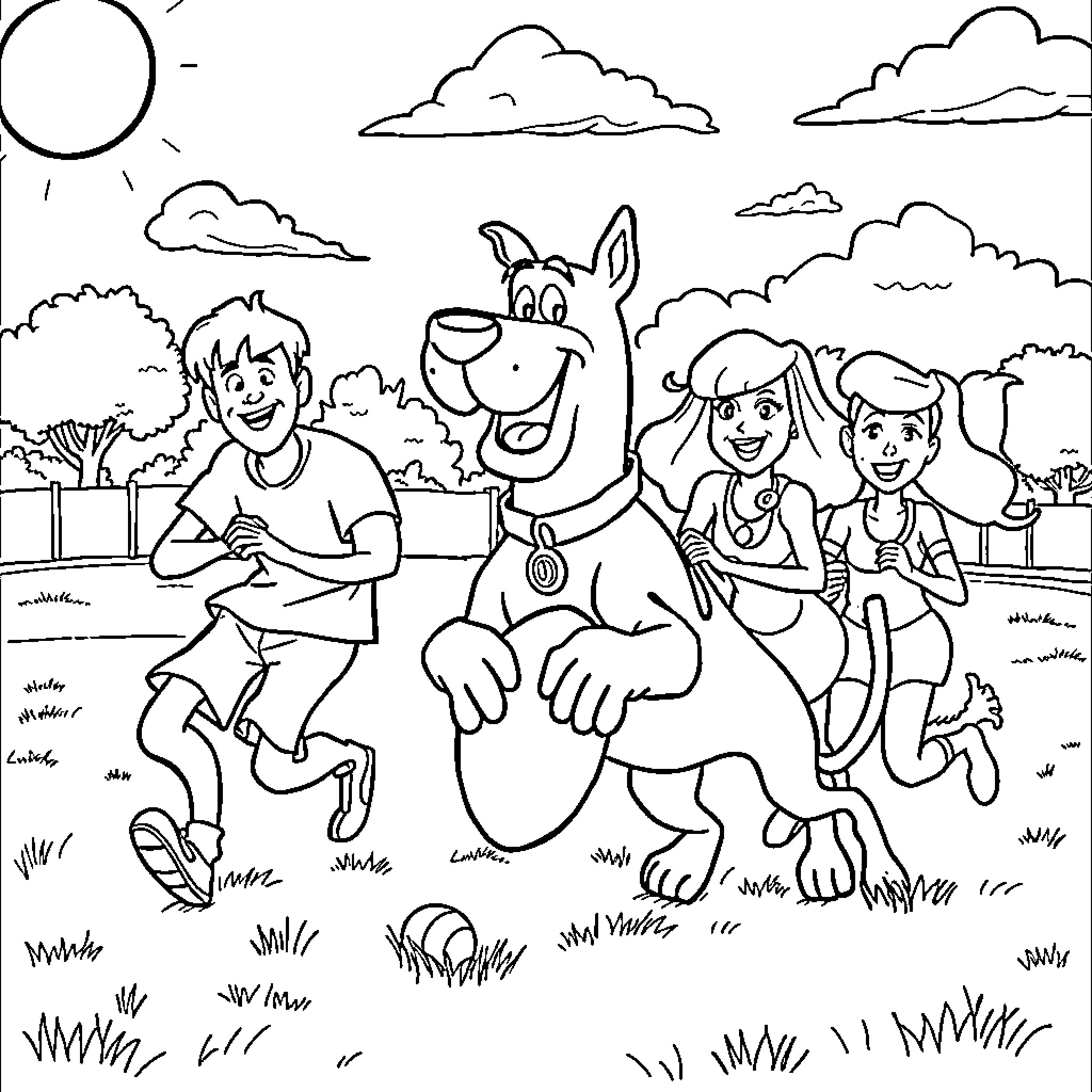Scooby Doo and Friends Exploring the Outdoors Coloring Page (free black-and-white line drawing printable PDF for all, from beginners to advanced learners, including children, teens, adults, and seniors)