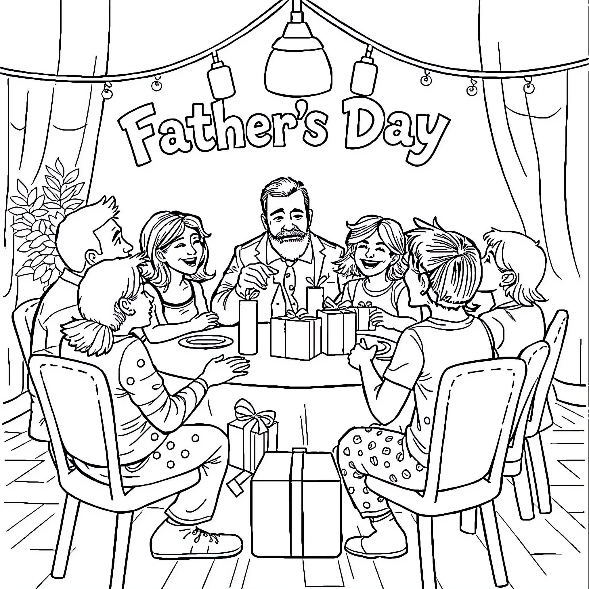 Father's Day celebration with family Coloring Page (free black-and-white line drawing printable PDF for all, from beginners to advanced learners, including children, teens, adults, and seniors)