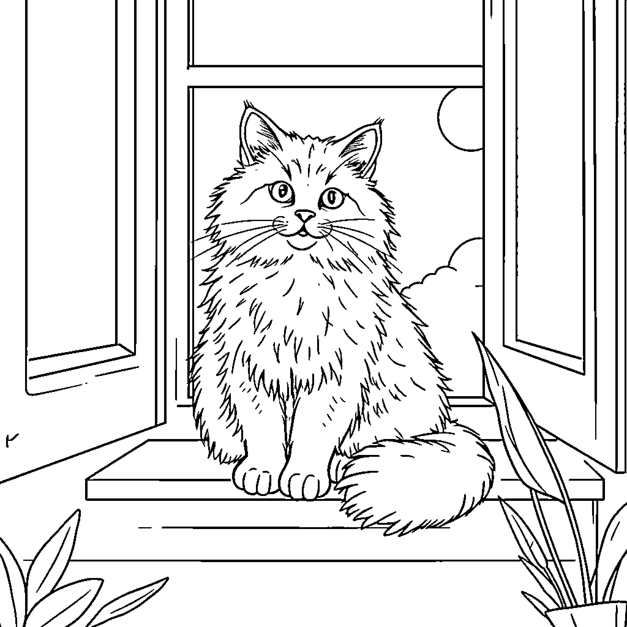 Cat looking out the window in a cozy home Coloring Page (free black-and-white line drawing printable PDF for all, from beginners to advanced learners, including children, teens, adults, and seniors)