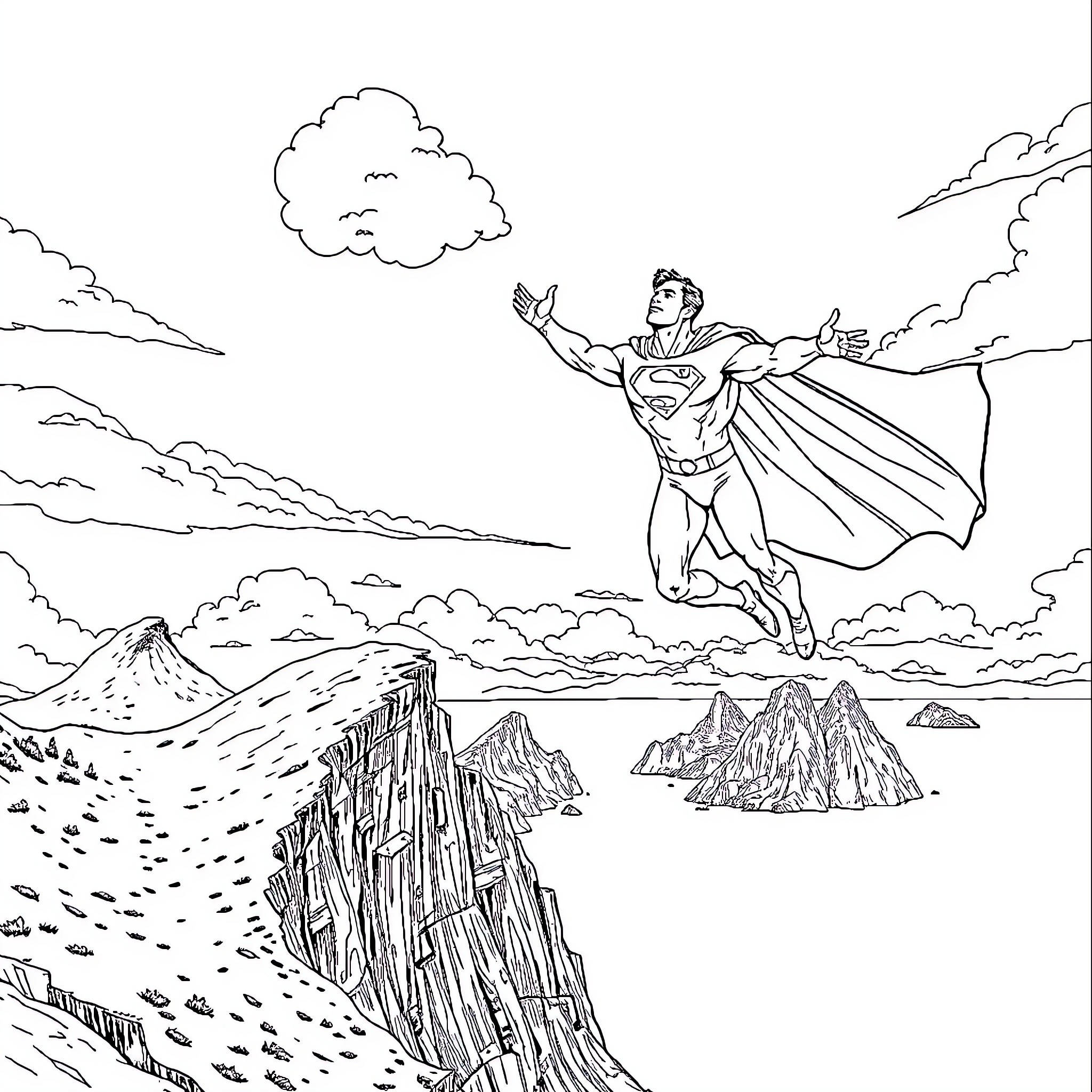 Superman flying over a dramatic landscape Coloring Page (free black-and-white line drawing printable PDF for all, from beginners to advanced learners, including children, teens, adults, and seniors)