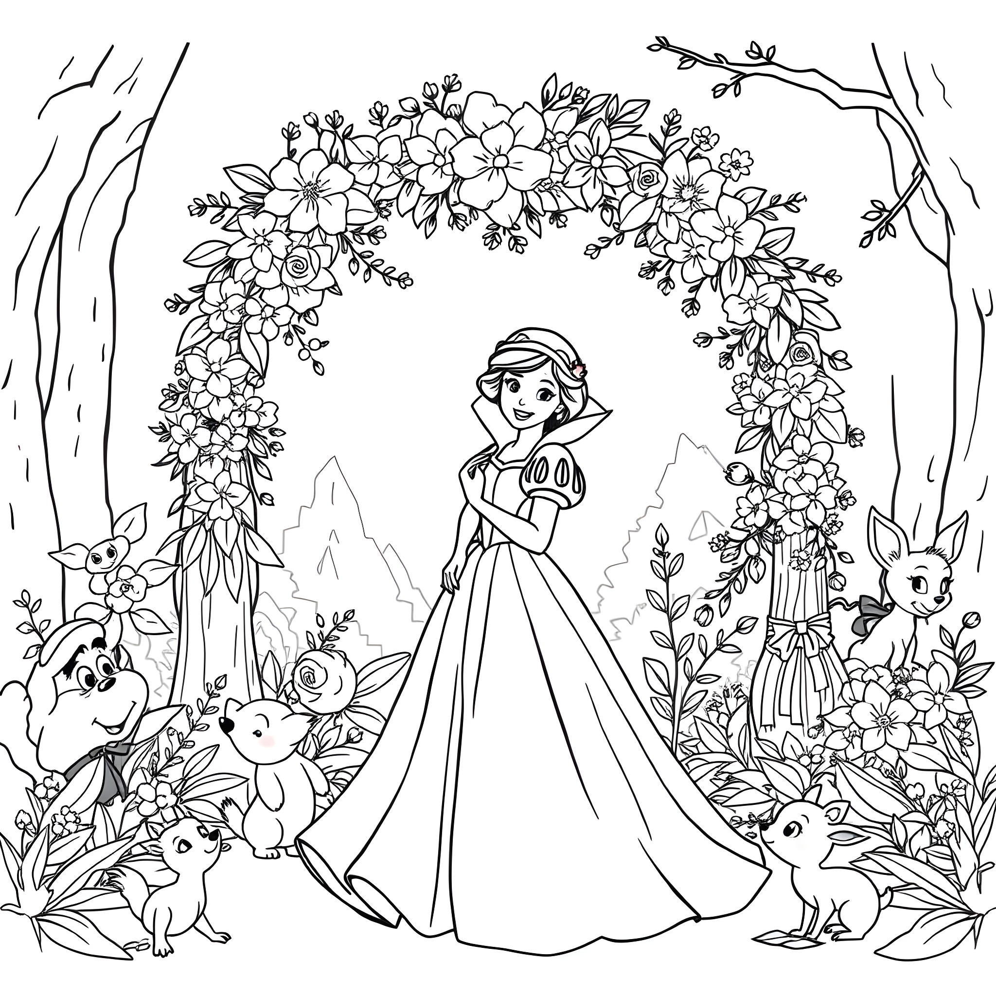 Snow White in a Floral Wonderland Coloring Page (free black-and-white line drawing printable PDF for all, from beginners to advanced learners, including children, teens, adults, and seniors)