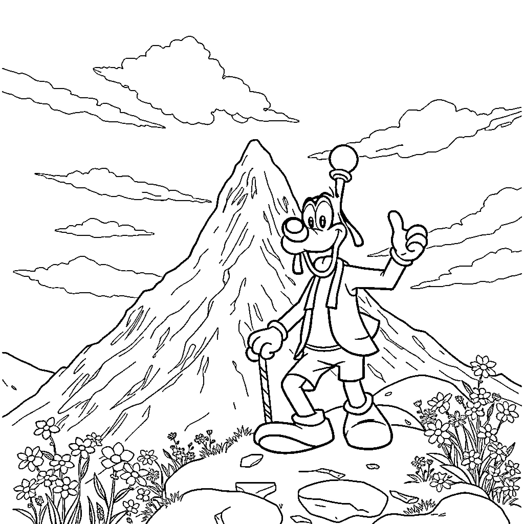 Goofy character exploring the mountain landscape Coloring Page (free black-and-white line drawing printable PDF for all, from beginners to advanced learners, including children, teens, adults, and seniors)