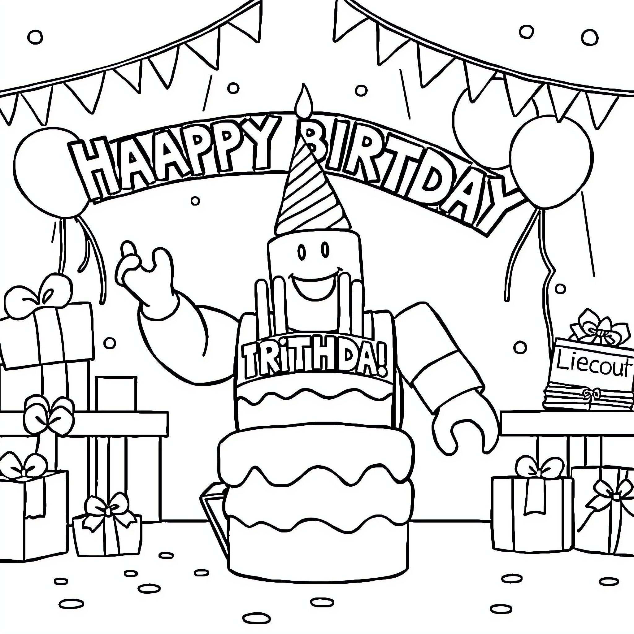 Roblox Characters Celebrate a Birthday Party Coloring Page (free black-and-white line drawing printable PDF for all, from beginners to advanced learners, including children, teens, adults, and seniors)