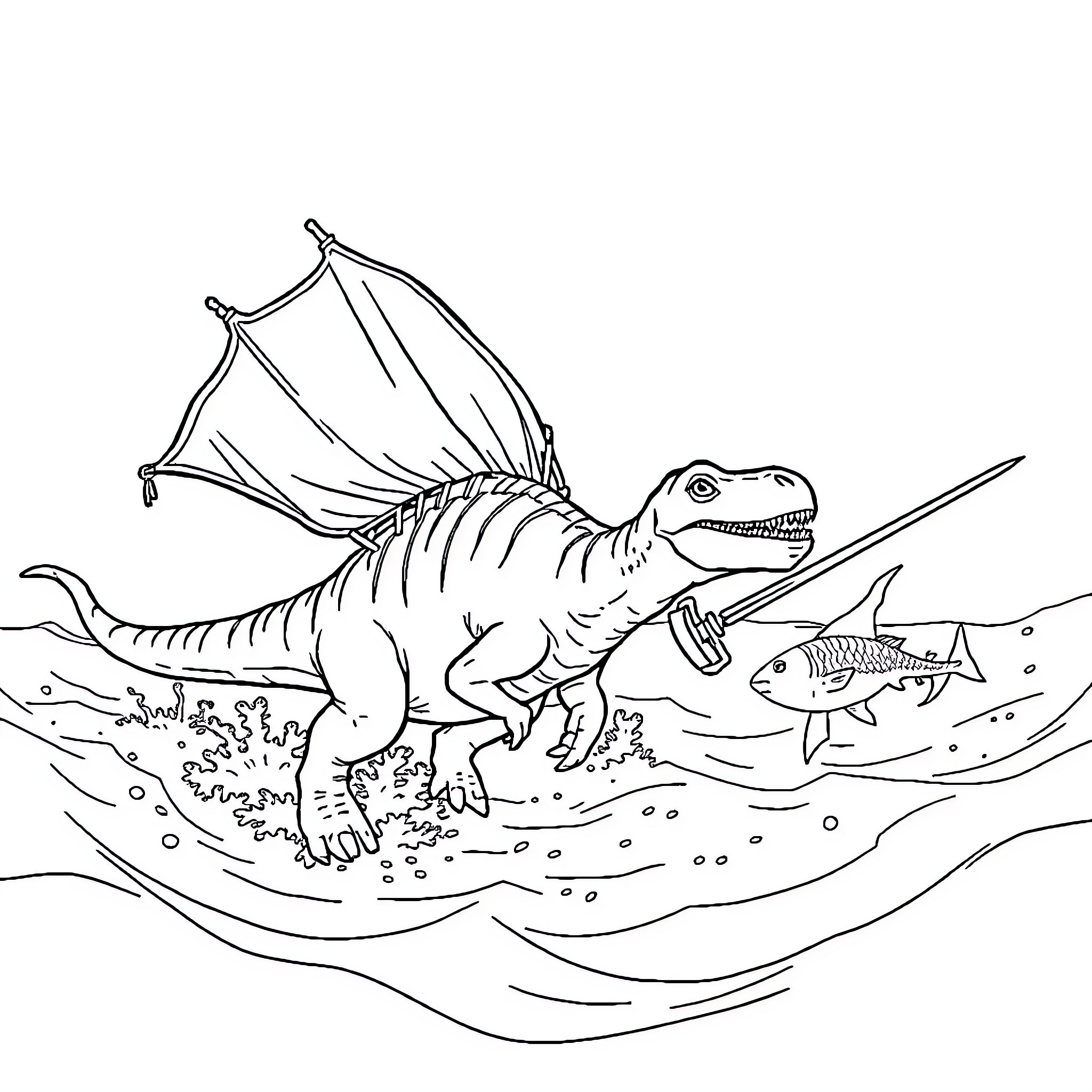 Spinosaurus hunting for prey in prehistoric waters Coloring Page (free black-and-white line drawing printable PDF for all, from beginners to advanced learners, including children, teens, adults, and seniors)