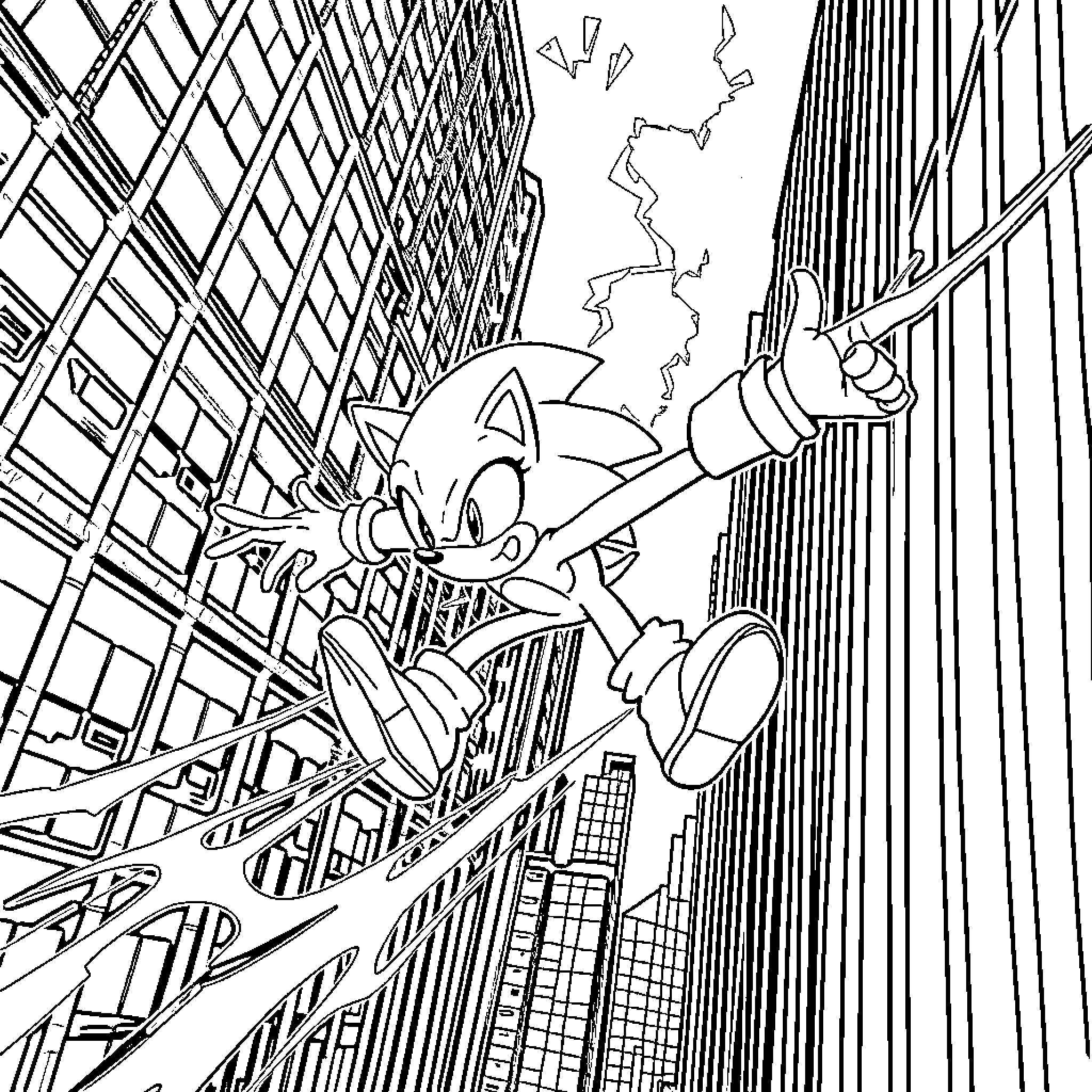 Sonic racing through a city skyline Coloring Page (free black-and-white line drawing printable PDF for all, from beginners to advanced learners, including children, teens, adults, and seniors)