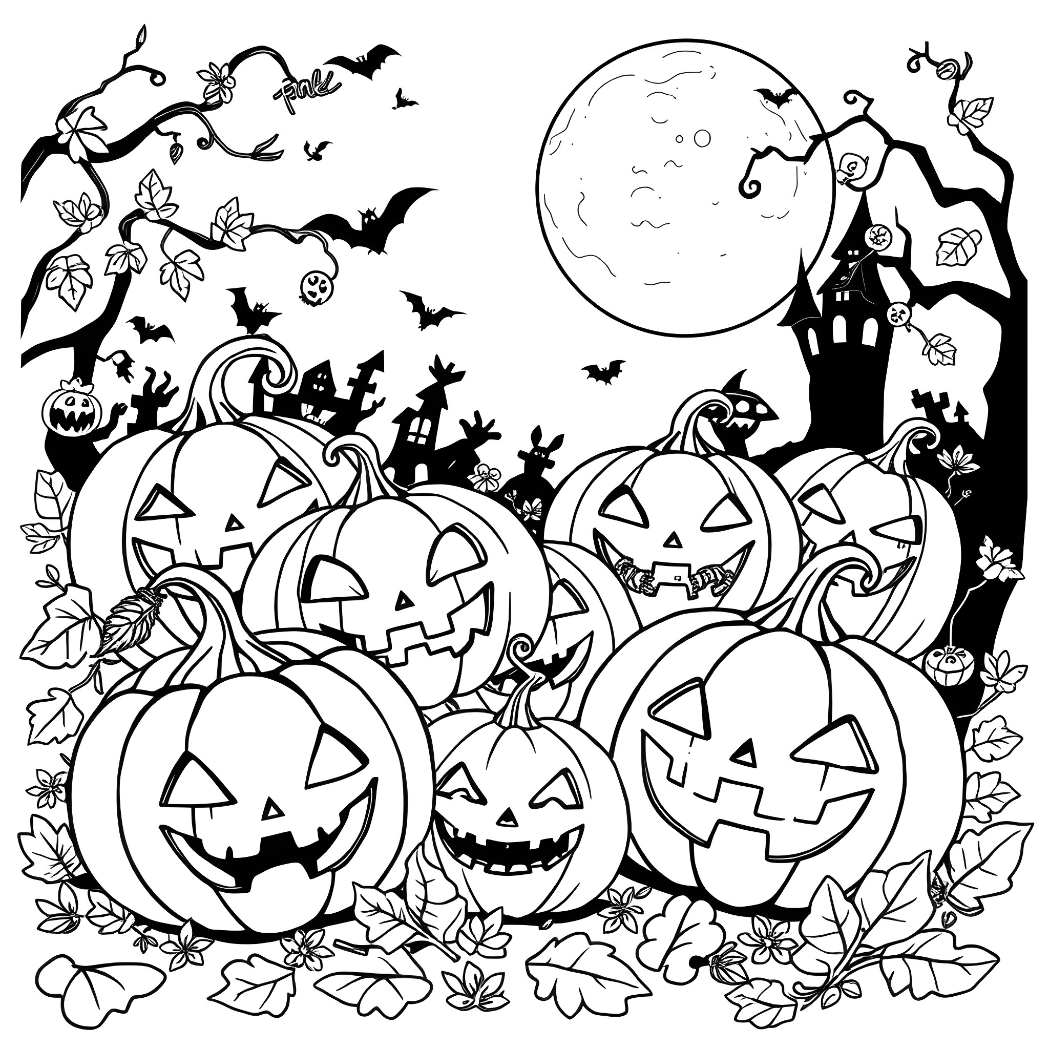 Pumpkin patch with haunted house under full moon Coloring Page (free black-and-white line drawing printable PDF for all, from beginners to advanced learners, including children, teens, adults, and seniors)
