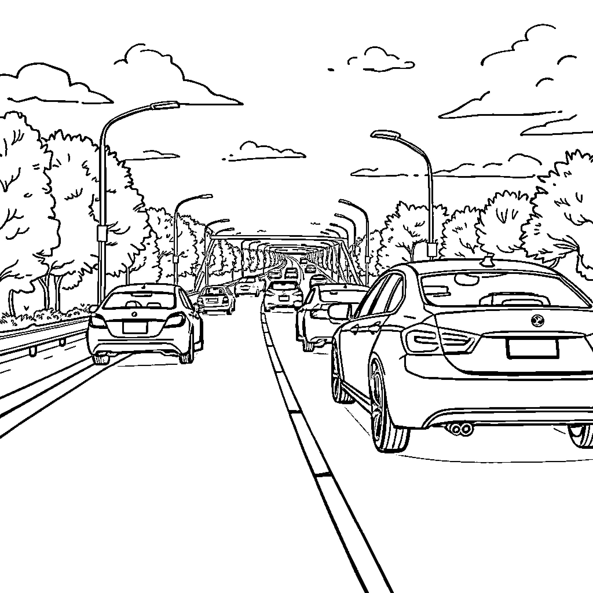 Cars on a busy urban street with trees and cloudy sky Coloring Page (free black-and-white line drawing printable PDF for all, from beginners to advanced learners, including children, teens, adults, and seniors)