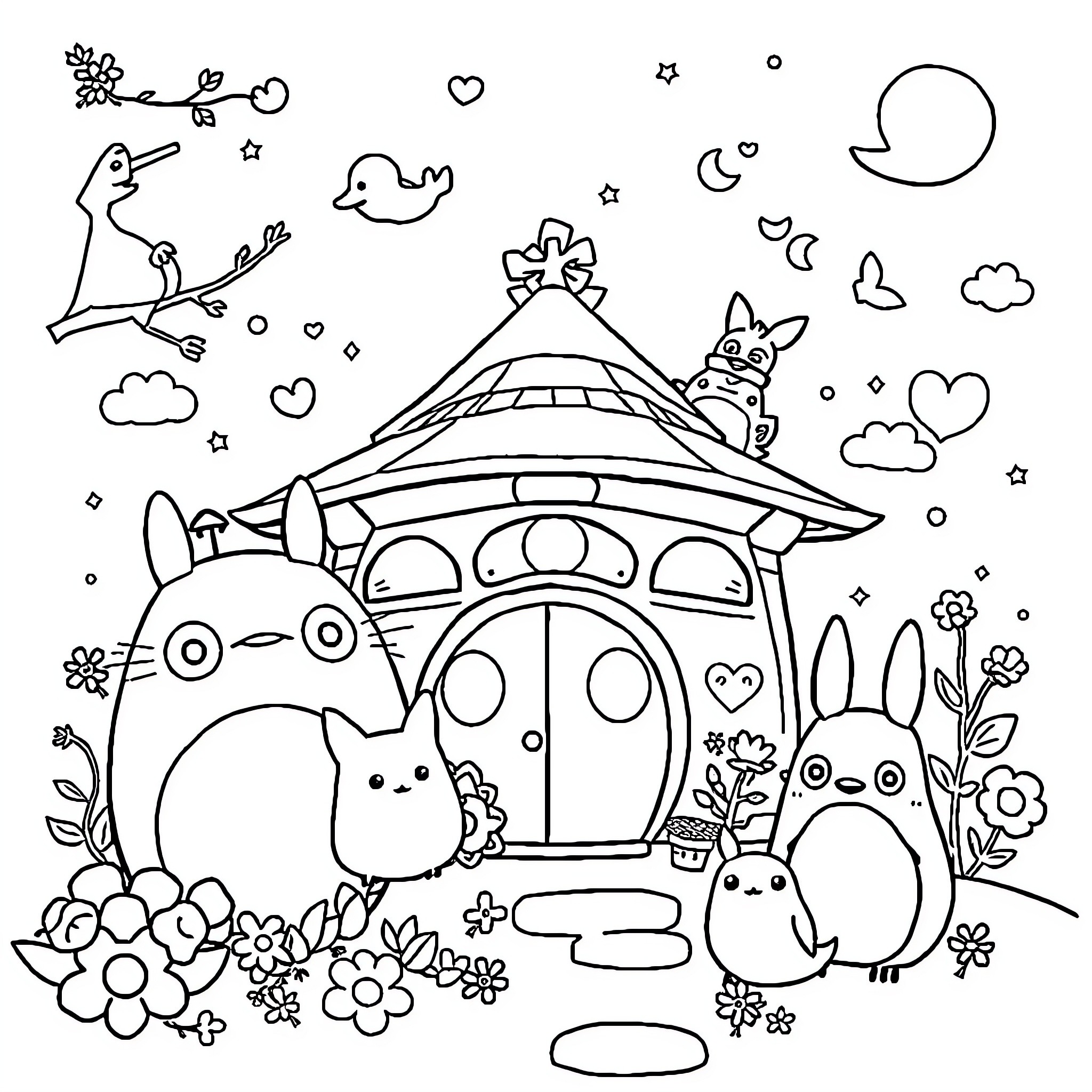 Anime characters playing in whimsical forest scene Coloring Page (free black-and-white line drawing printable PDF for all, from beginners to advanced learners, including children, teens, adults, and seniors)
