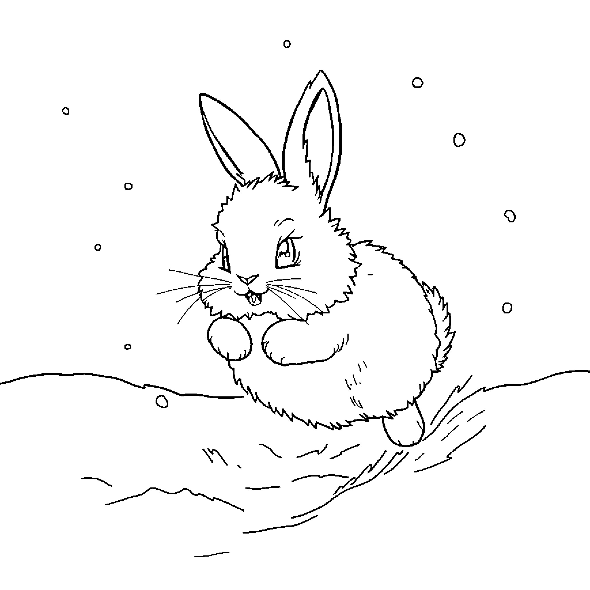Bunny playing in the snow Coloring Page (free black-and-white line drawing printable PDF for all, from beginners to advanced learners, including children, teens, adults, and seniors)