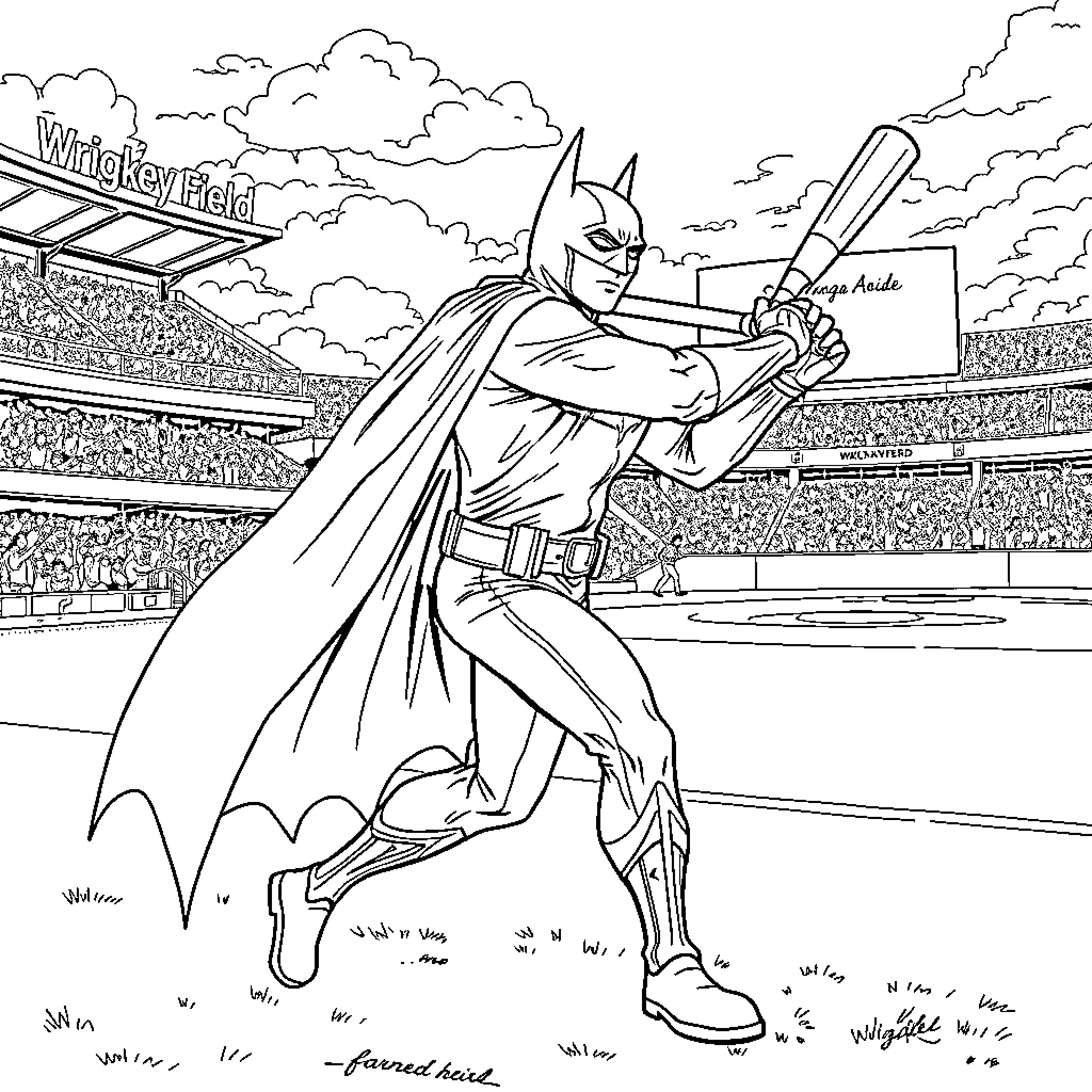 Batman Battles in a Lively Stadium Coloring Page (free black-and-white line drawing printable PDF for all, from beginners to advanced learners, including children, teens, adults, and seniors)