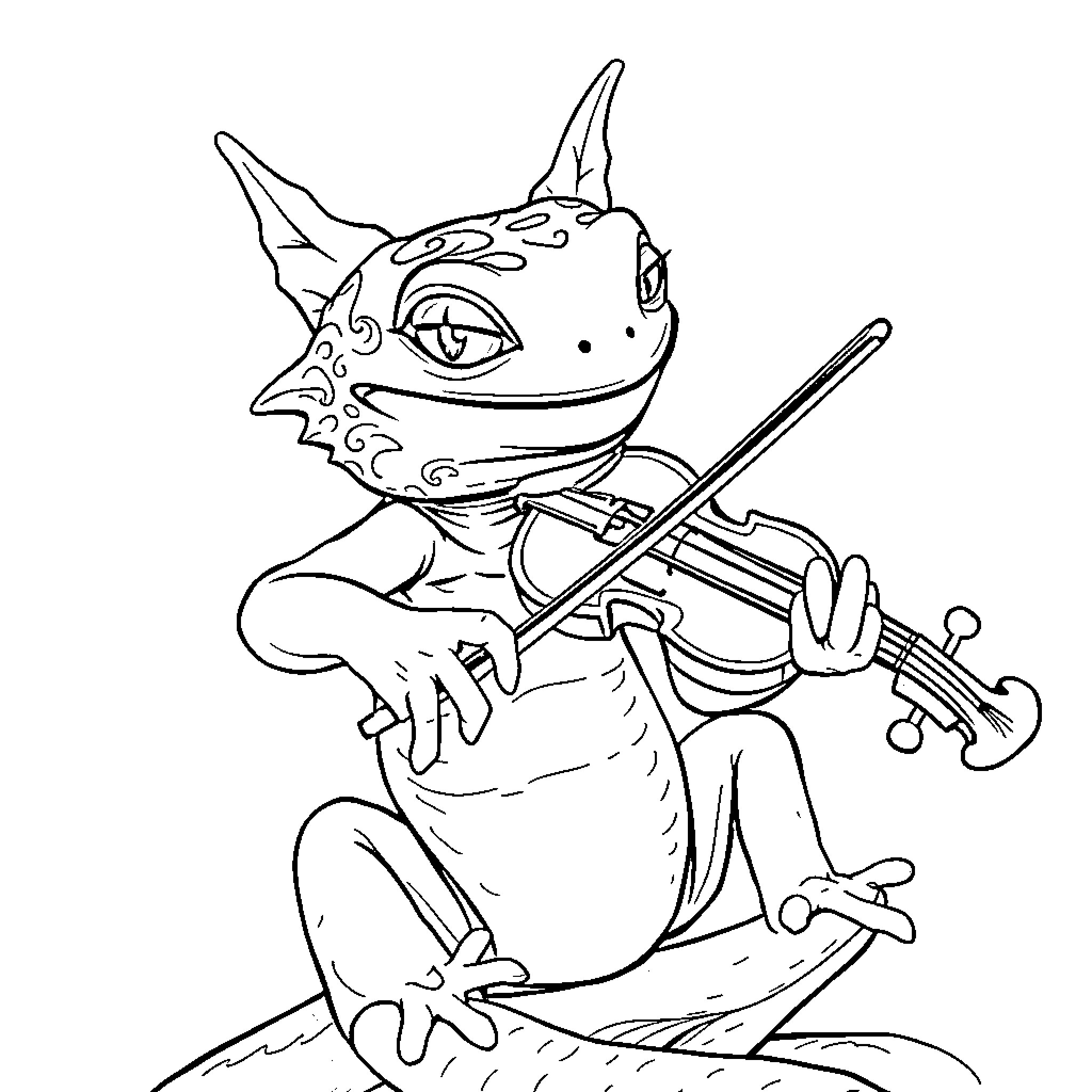 Crested Gecko playing the violin Coloring Page (free black-and-white line drawing printable PDF for all, from beginners to advanced learners, including children, teens, adults, and seniors)