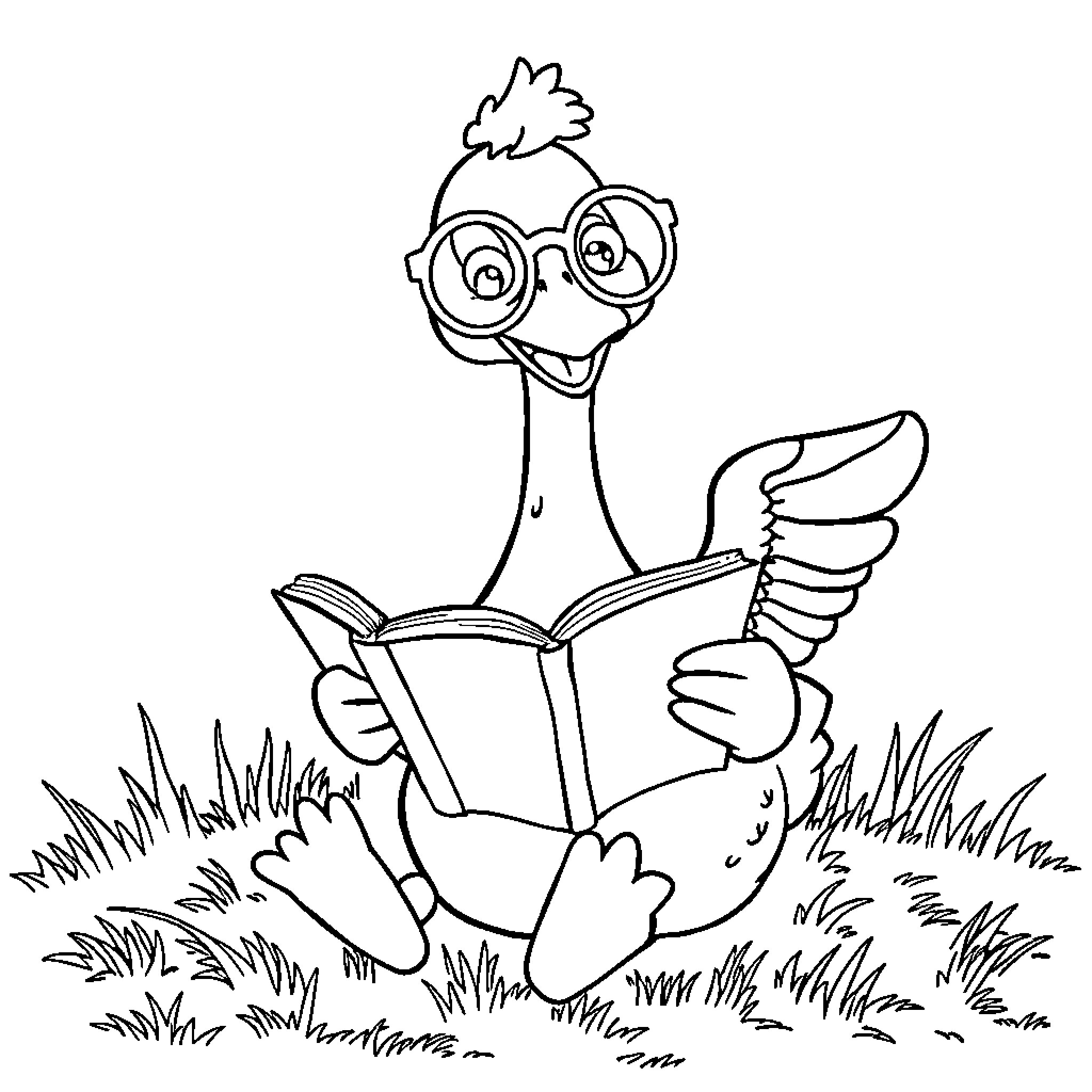 Goose reading a book in the grass Coloring Page (free black-and-white line drawing printable PDF for all, from beginners to advanced learners, including children, teens, adults, and seniors)