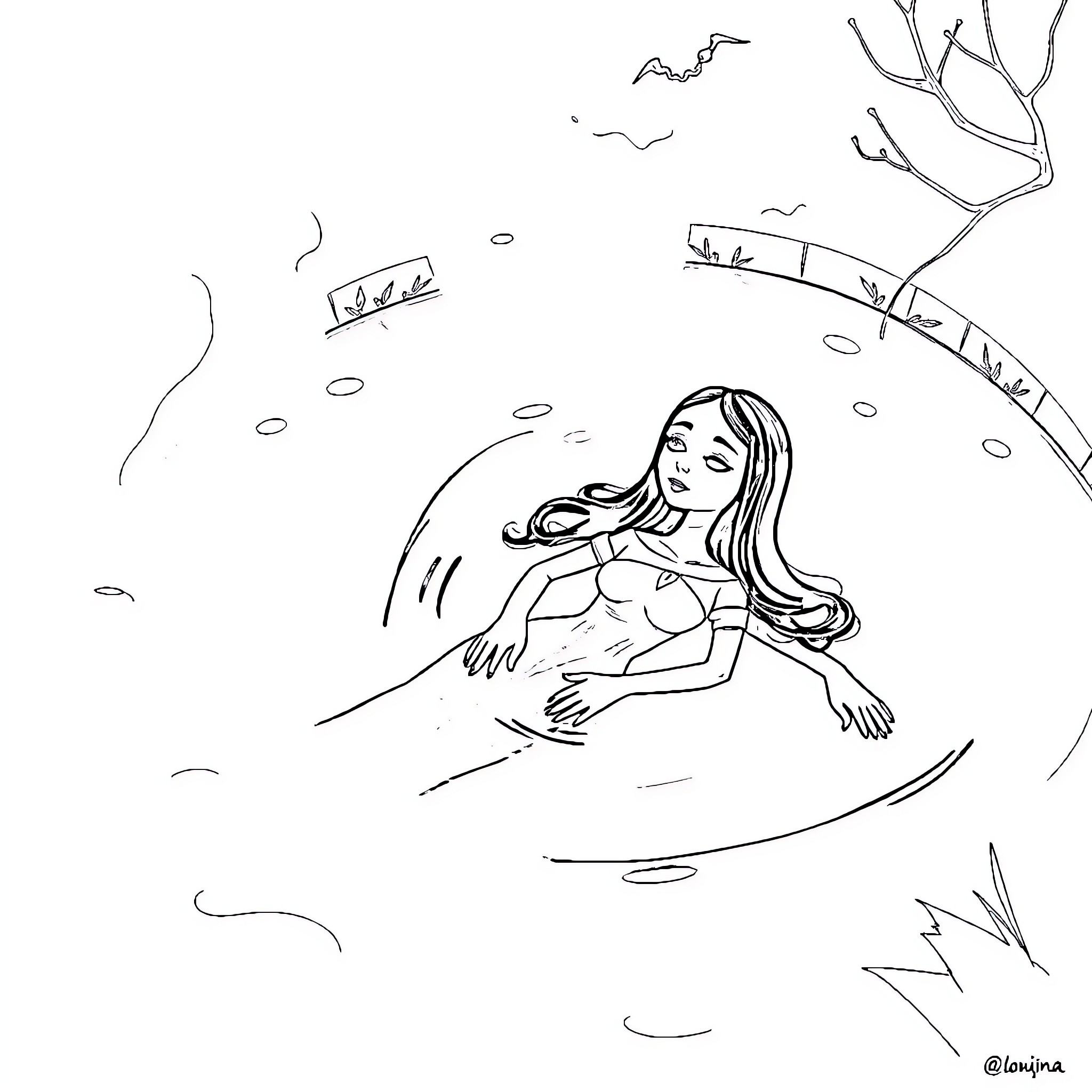 Wednesday Addams embraces nature's tranquility Coloring Page (free black-and-white line drawing printable PDF for all, from beginners to advanced learners, including children, teens, adults, and seniors)